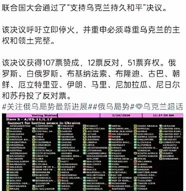 弱国无外交啊，支持乌克兰的国家只有107个，但是支持俄罗斯的国家居然高达12个。