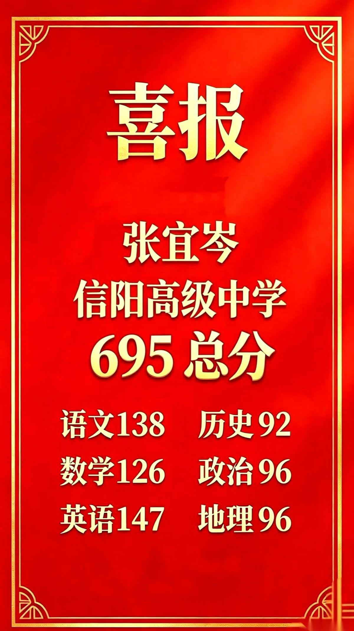 695分。文科。还是在河南。
看到手机弹出这条消息的时候，我刚辅导完我家那个连阅