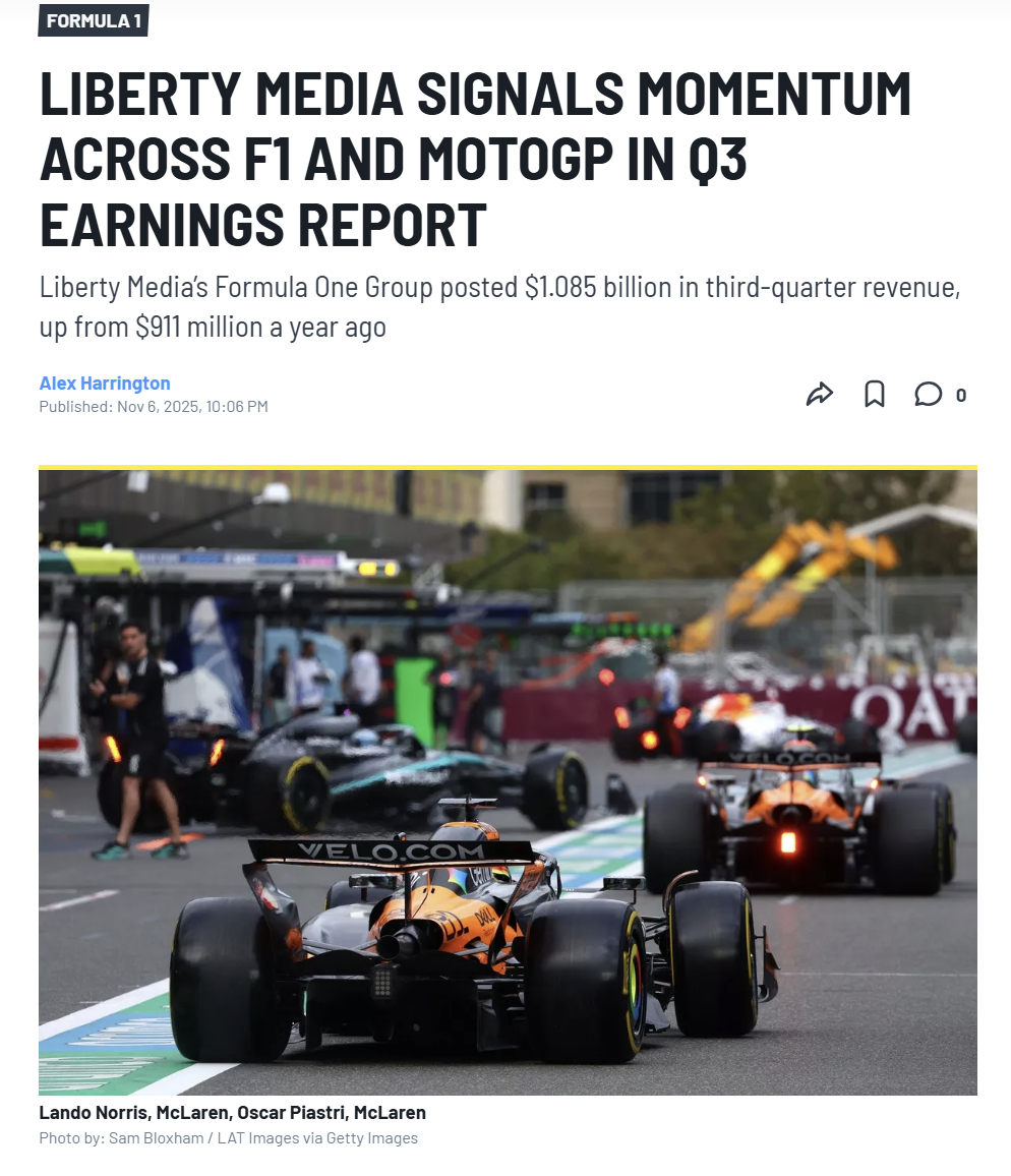 自由媒体集团公布2025年第三季度财报，营收达到10.85亿美元，较去年同期的9