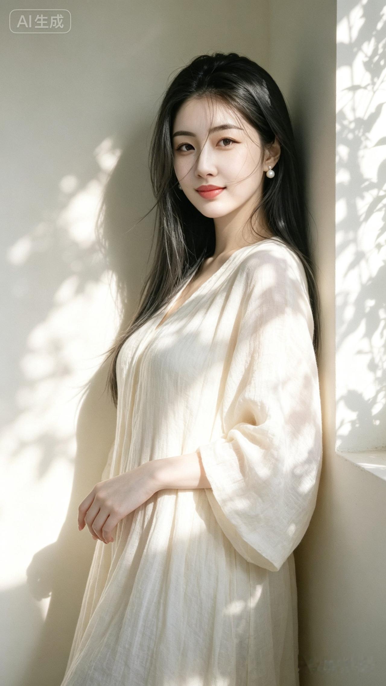 阳光洒进来的午后，温柔少女在窗边微笑。