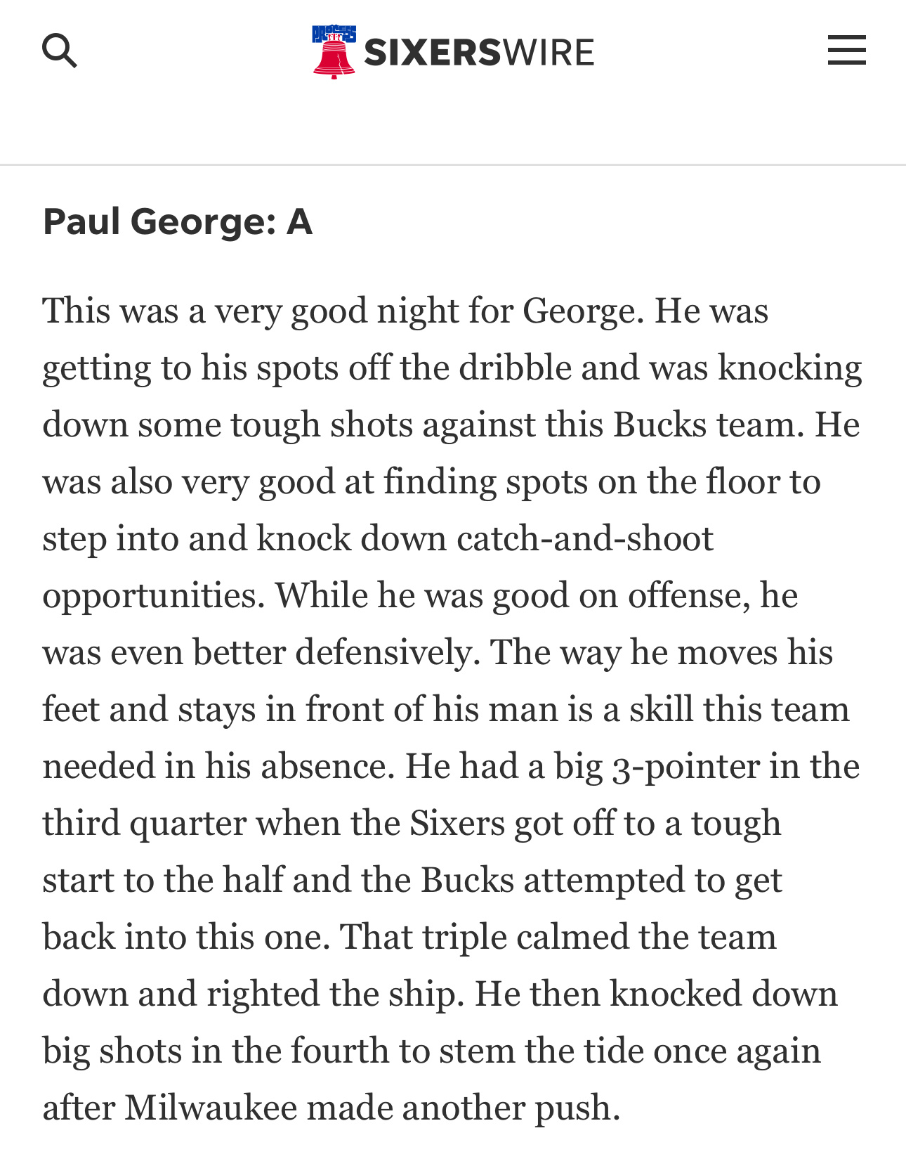 76人媒体对保罗·乔治今日比赛的评价保罗·乔治评级：A对乔治而言，这是一个表现优