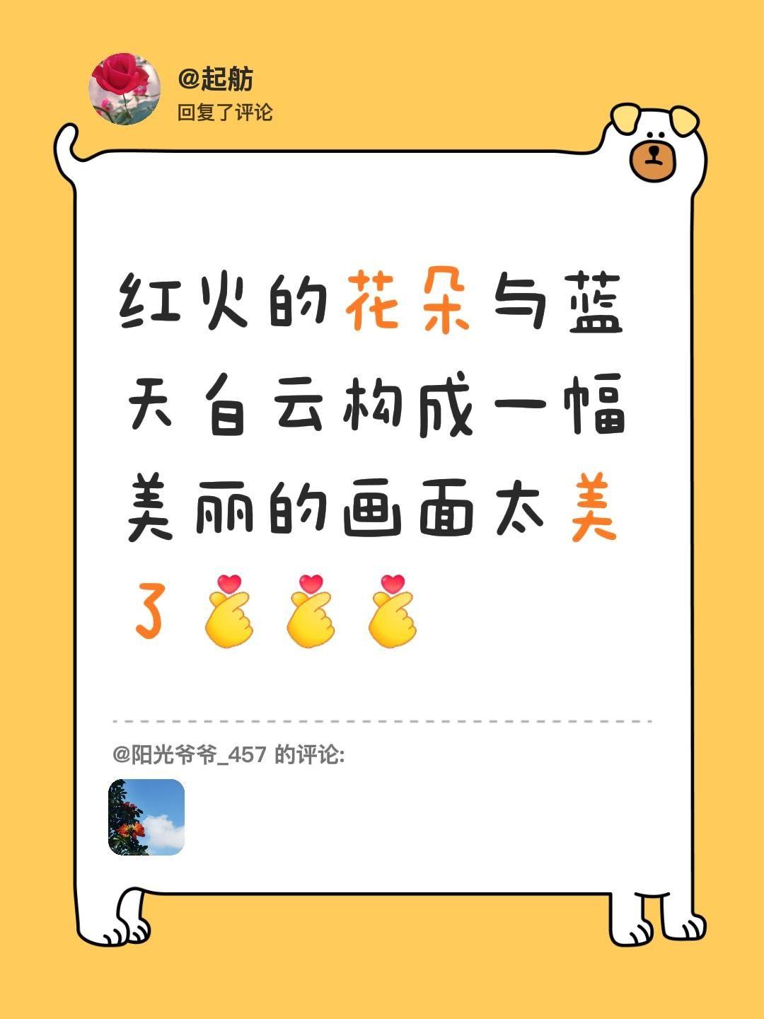 我回复了@阳光爷爷_457 的评论：
红火的花朵衬着蓝天白云，这画面真的美到不行
