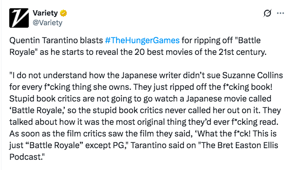 TNABO 昆汀挑选自己眼中新世纪20部佳作时，不仅选了《大逃杀》，并表示影片原