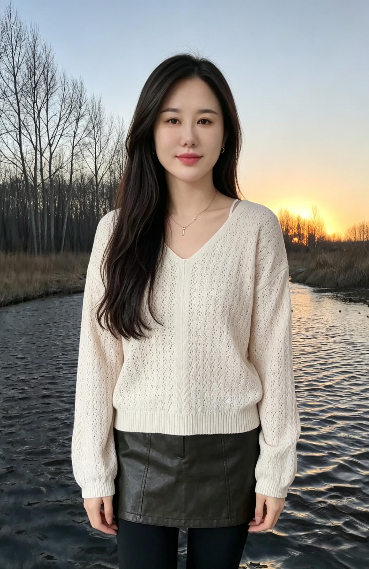 金波漾影映明眸，素缕轻衫拂晚洲。
不语嫣然凝暮色，一川晴色为君柔。