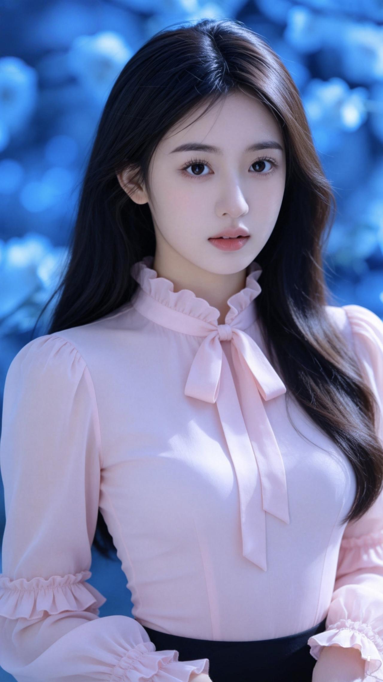 碰到颜值高的女生你有心动过么? 梦幻蓝调背景下的甜美少女，粉色蝴蝶结衬衫，温柔动