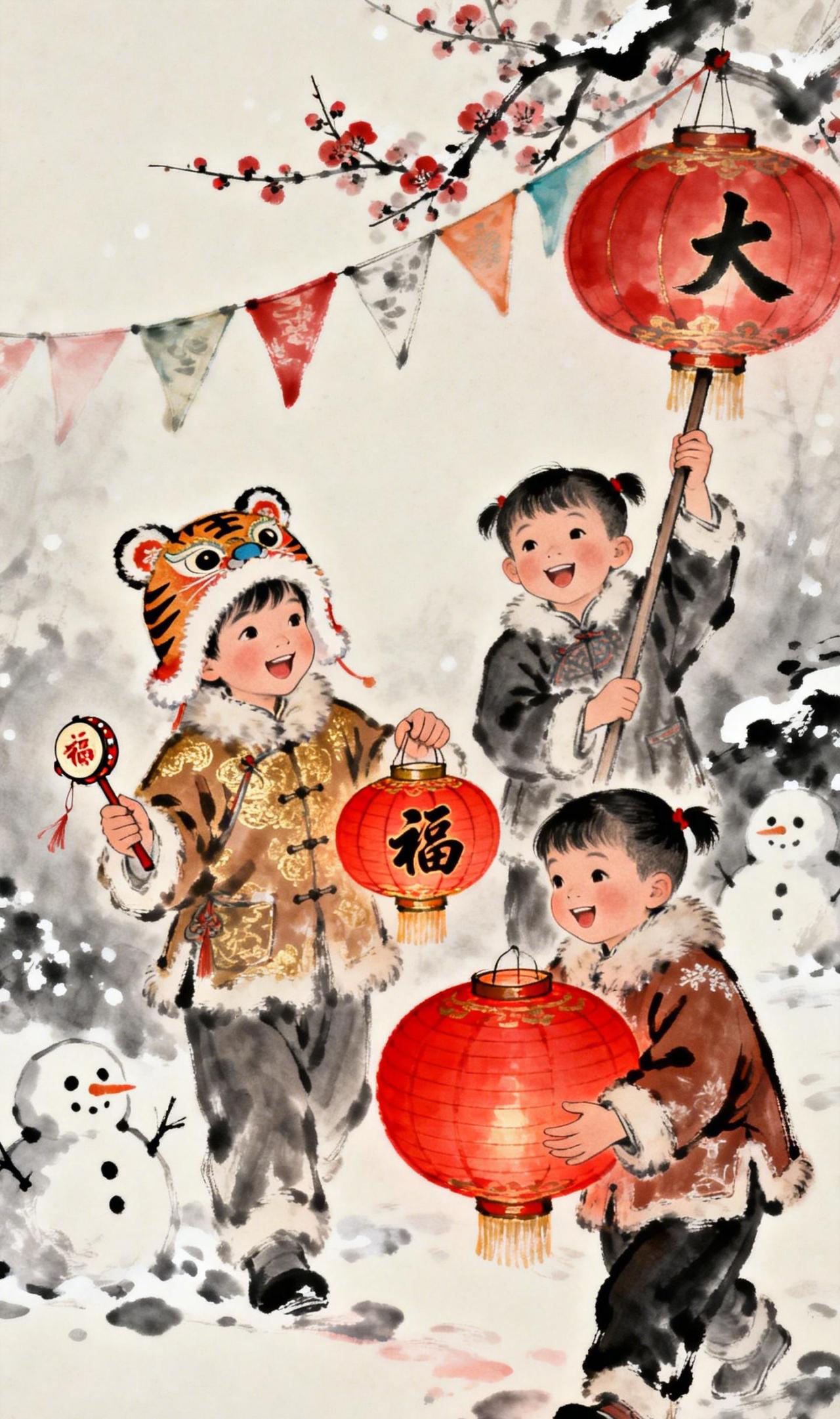 雪印·归童图
薄雪覆地，碎琼乱玉。一行错落的脚印，从竹篱边歪歪扭扭地延伸向远山—