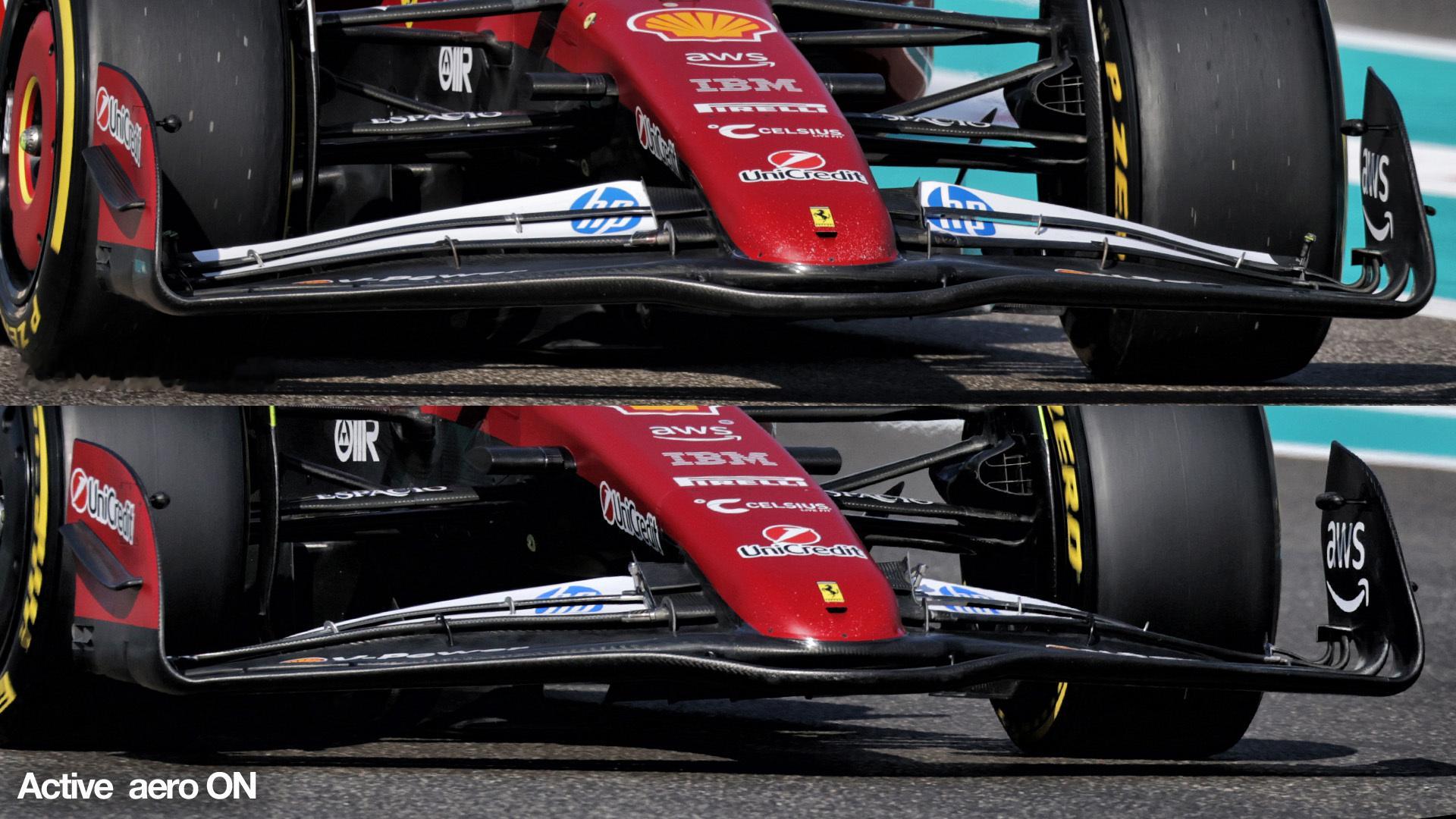 有了! 法拉利车队在今天的F1季后测试中模拟了明年的主动式前鼻翼……这样看是比梅