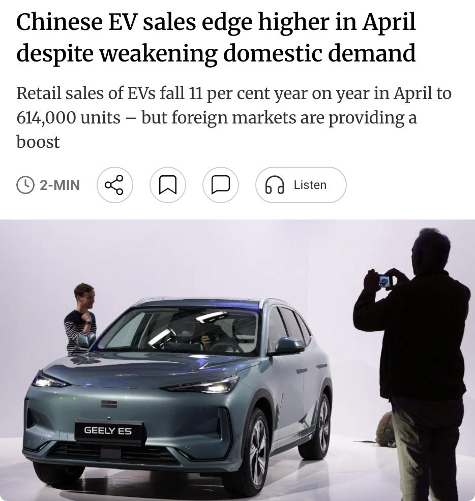 外媒：尽管国内需求疲软，中国电动车（EV）制造商的销售在4月依然保持稳定，出口和