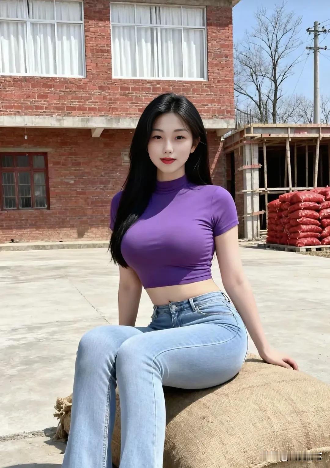 阳光下的少女，紫色上衣与牛仔裤的完美搭配，青春活力满满！紧身牛仔裤 极品身材 性