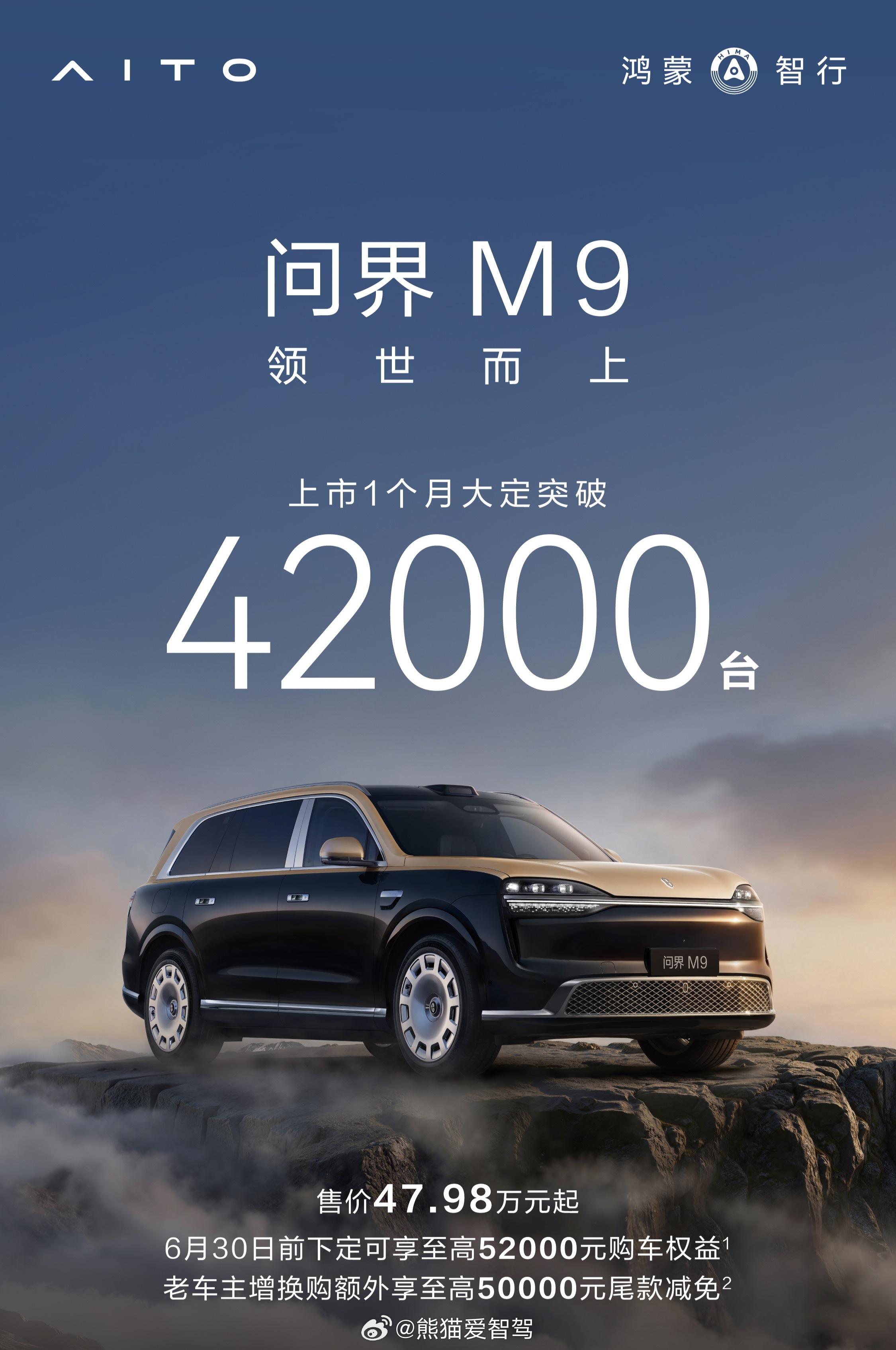 全新一代问界m9 系列上市一个月大定突破42000台，其中ultimate版本占