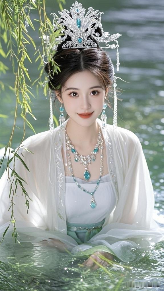 梦幻仙境中的优雅美人，水边轻纱飘逸，宛如童话里的公主。