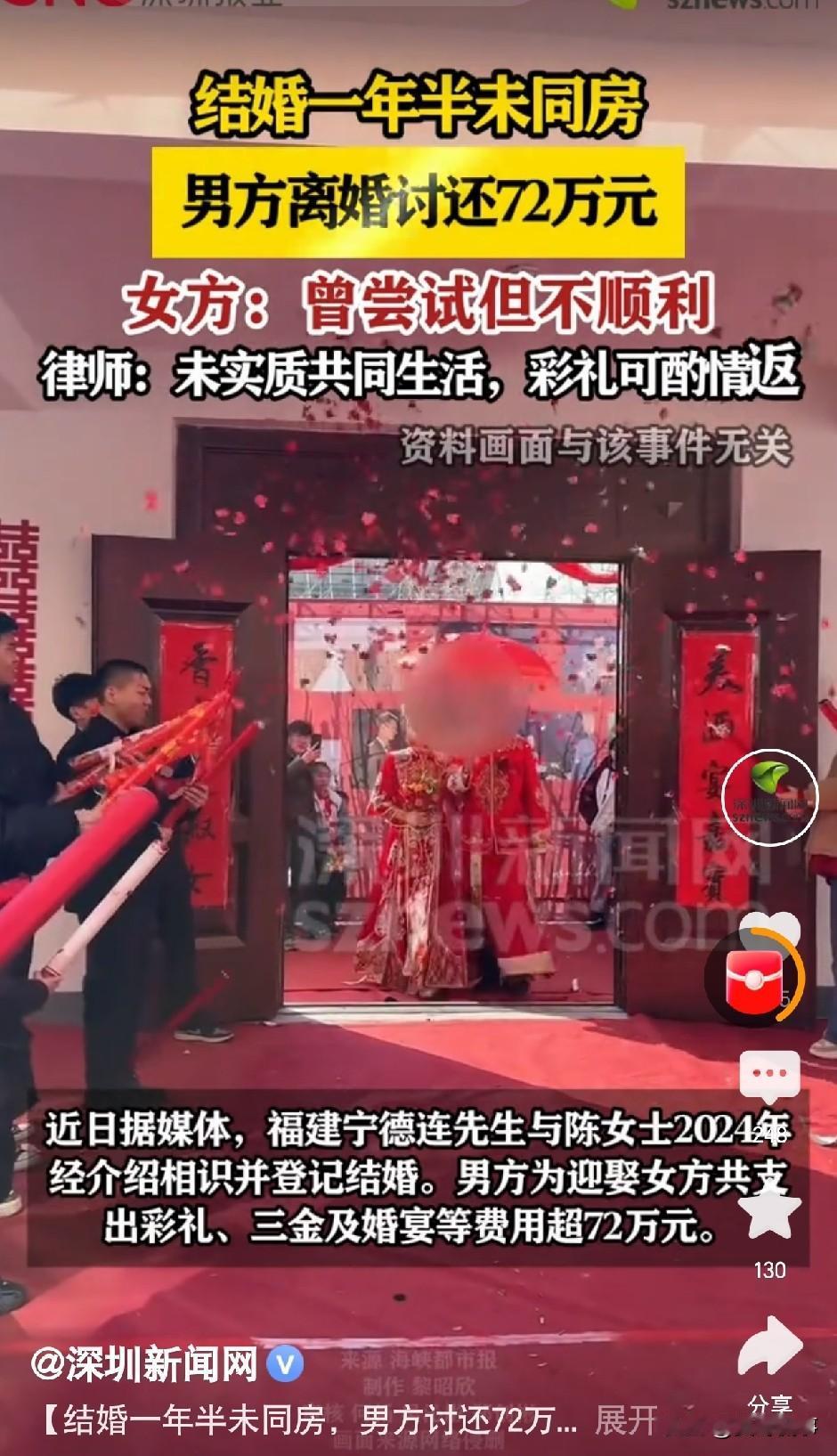 太奇葩了！福建宁德，一男子花72万元娶妻，可结婚1年半，两人硬是同过房。对此，男