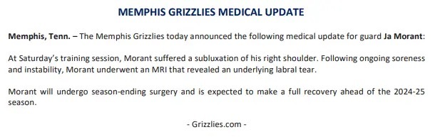 💔#莫兰特赛季报销#         今日根据灰熊官方消息，球员贾-莫兰特将接