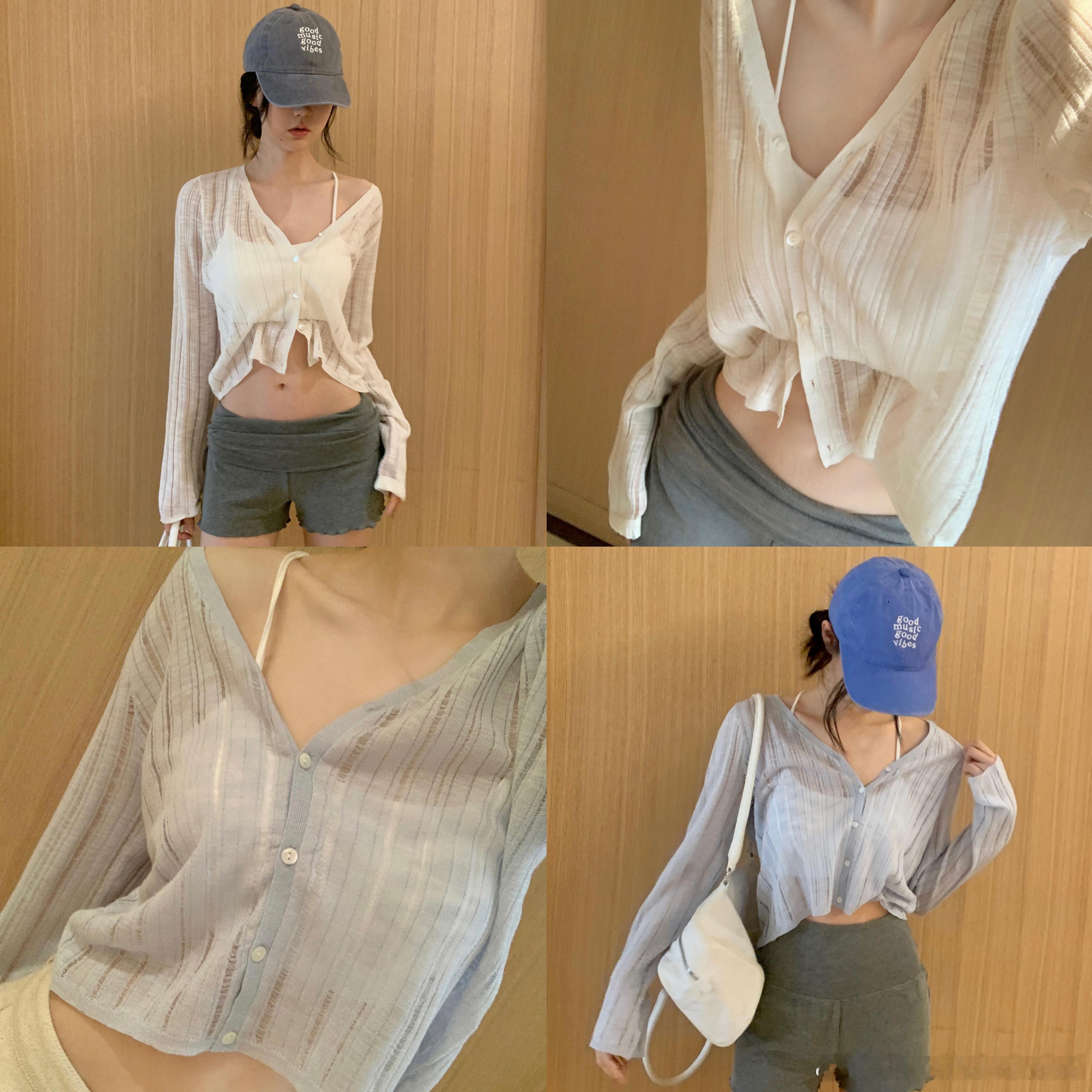 三色夏季小开衫大V领的设计 可以随意解开几颗扣子 适当增加露肤度  优化颈部线条