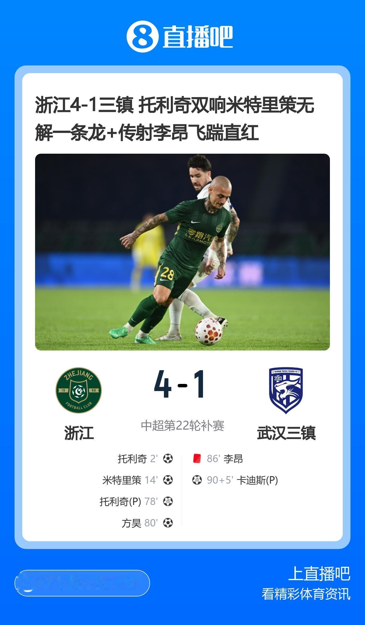 中超联赛补赛：
浙江队4-1武汉三镇
第2分钟托利奇接程进长传，禁区内闪击破门；