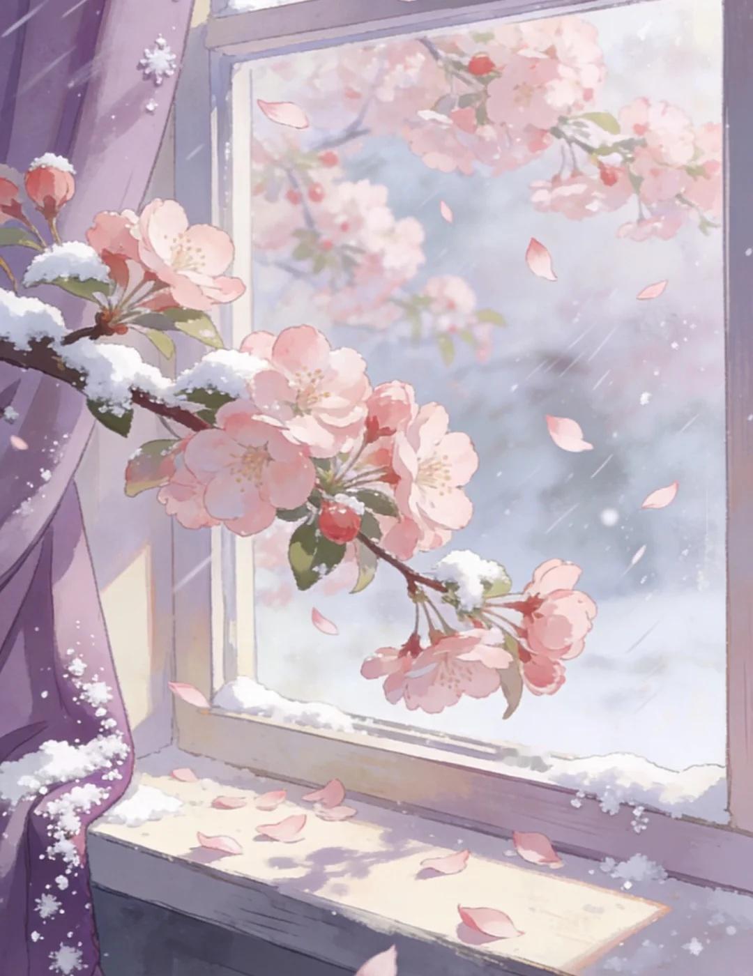 这样的雪，这样的花，这样的窗～❄️🌸
雪一落就美成了诗 冬天的雪花