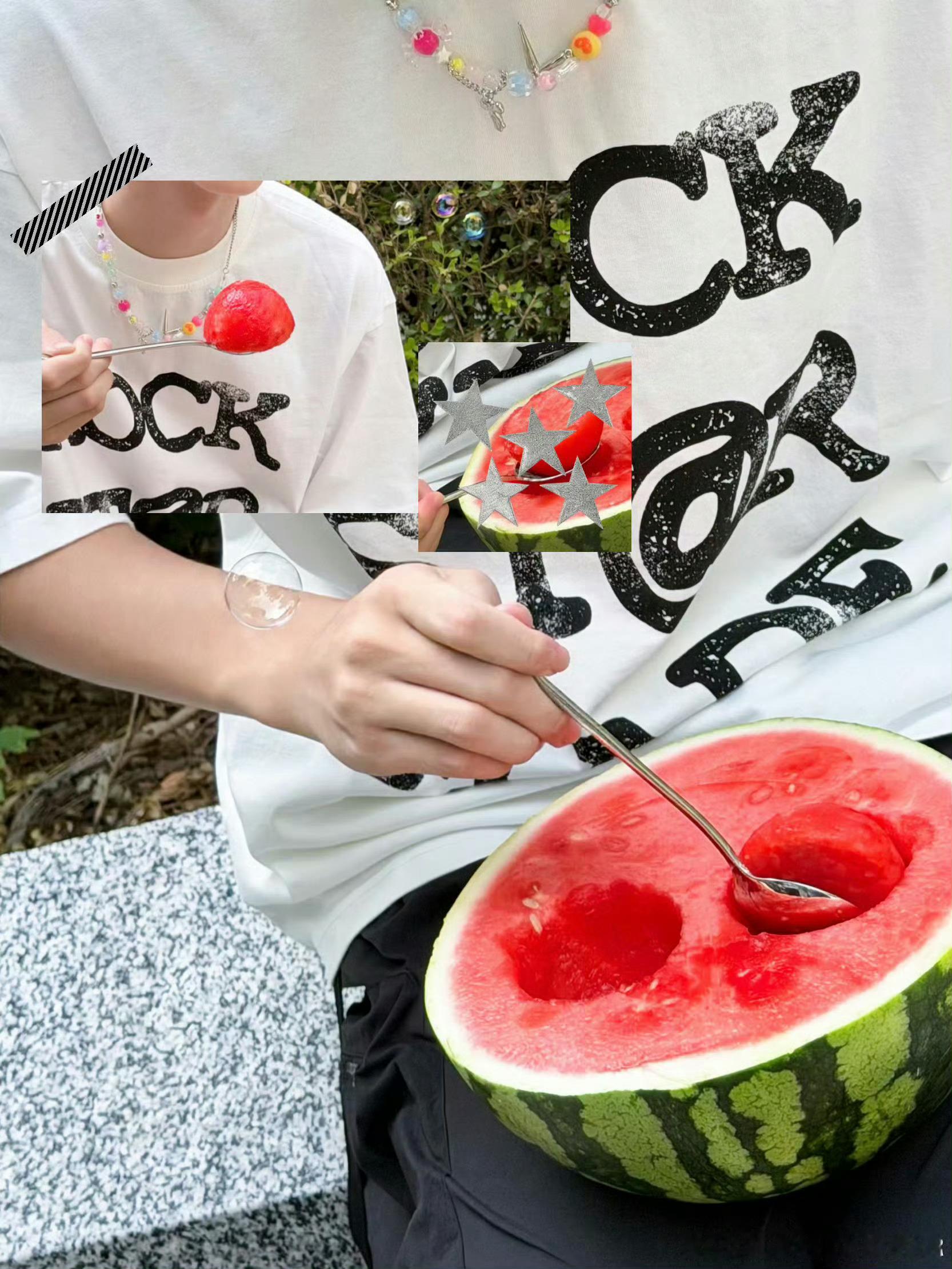 张奕然夏日西瓜九宫格自拍🍉西瓜被挖成软萌小猪造型，少年俏皮灵动，清爽氛围感扑面