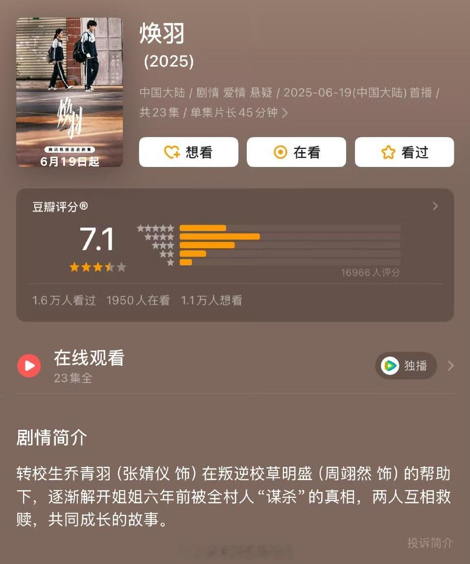 张婧仪、周翊然的《焕羽》开分7.1，热度不高，评分竟然还可以…… ​​​