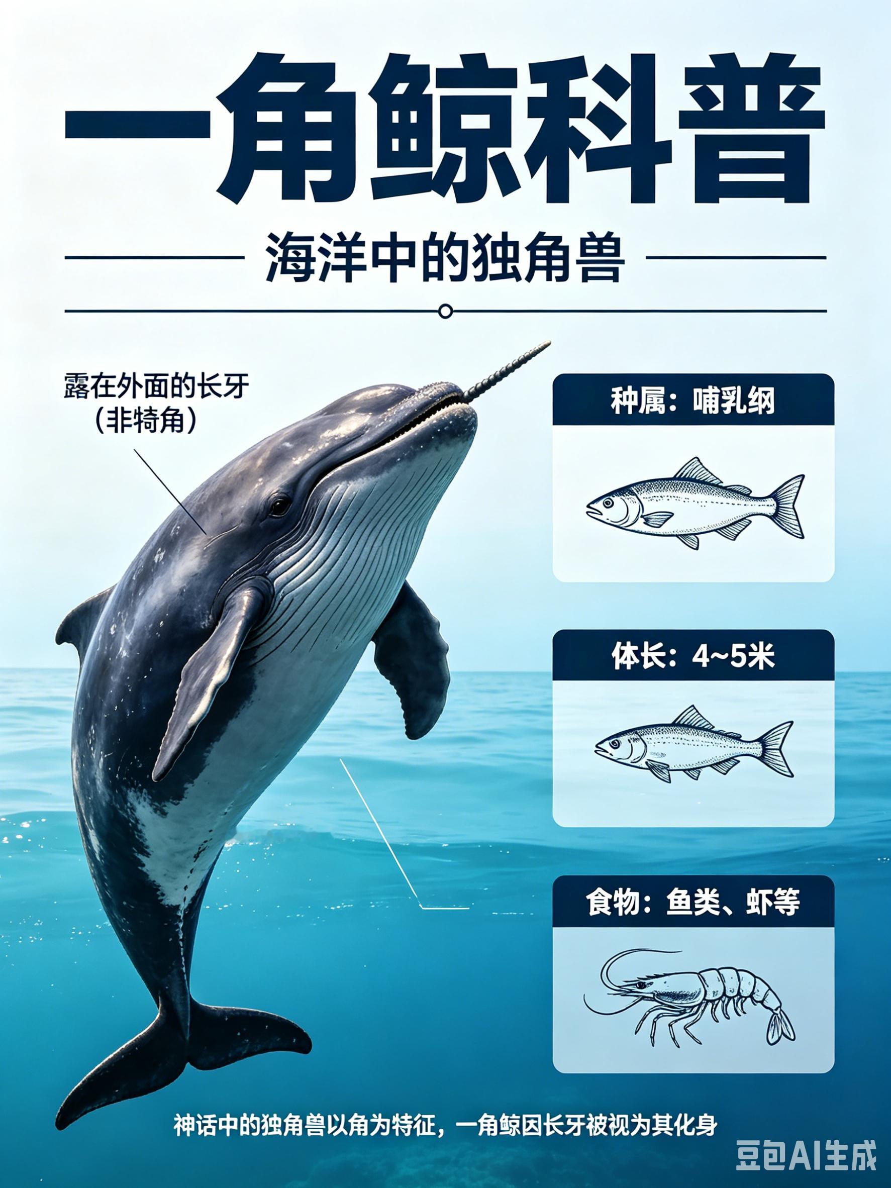 海洋朋友圈 一角鲸海洋档案种　属：哺乳纲体　长：4～5米食　物：鱼类、虾等你知道