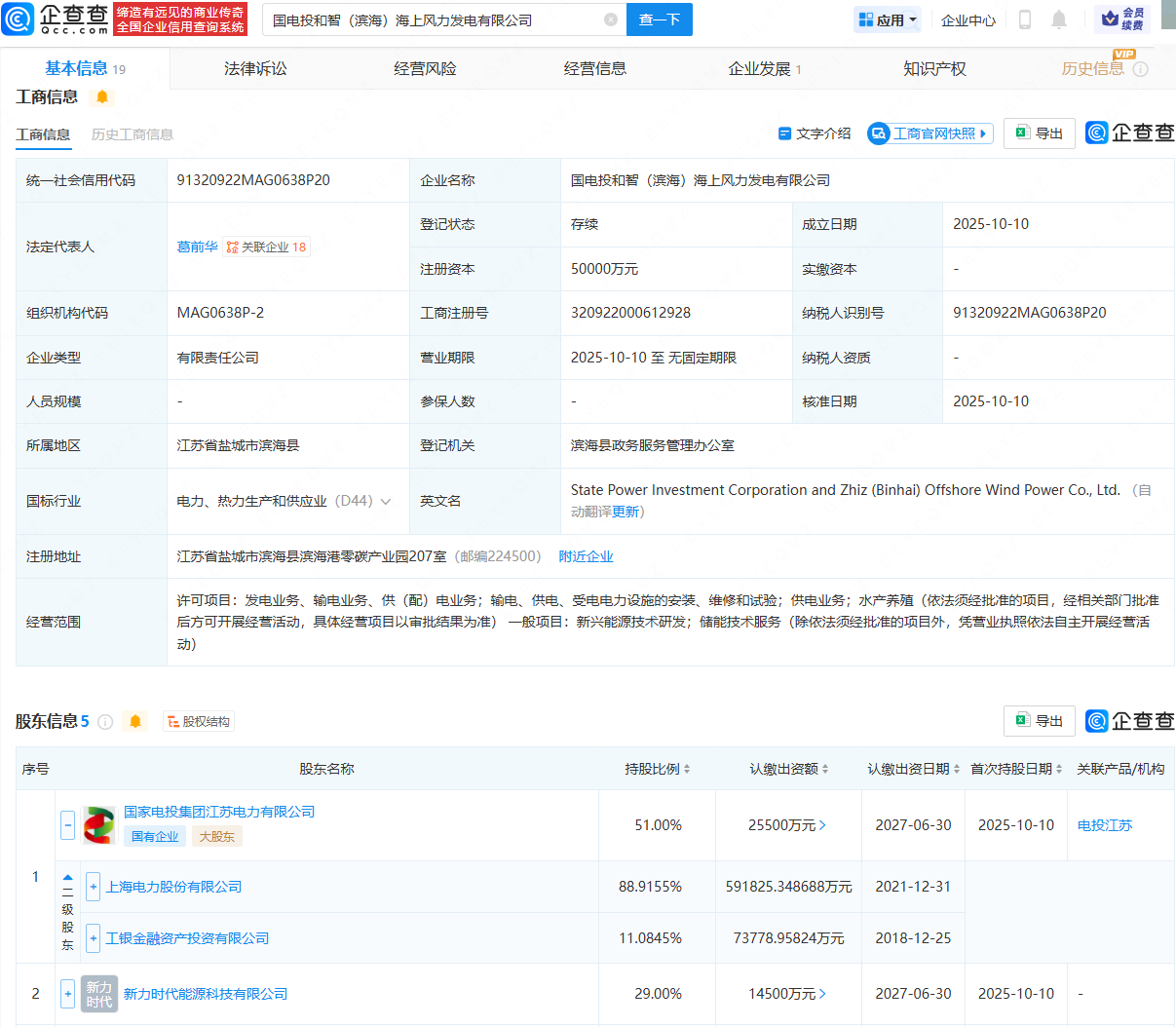 上海电力等在盐城滨海成立海上风力发电公司