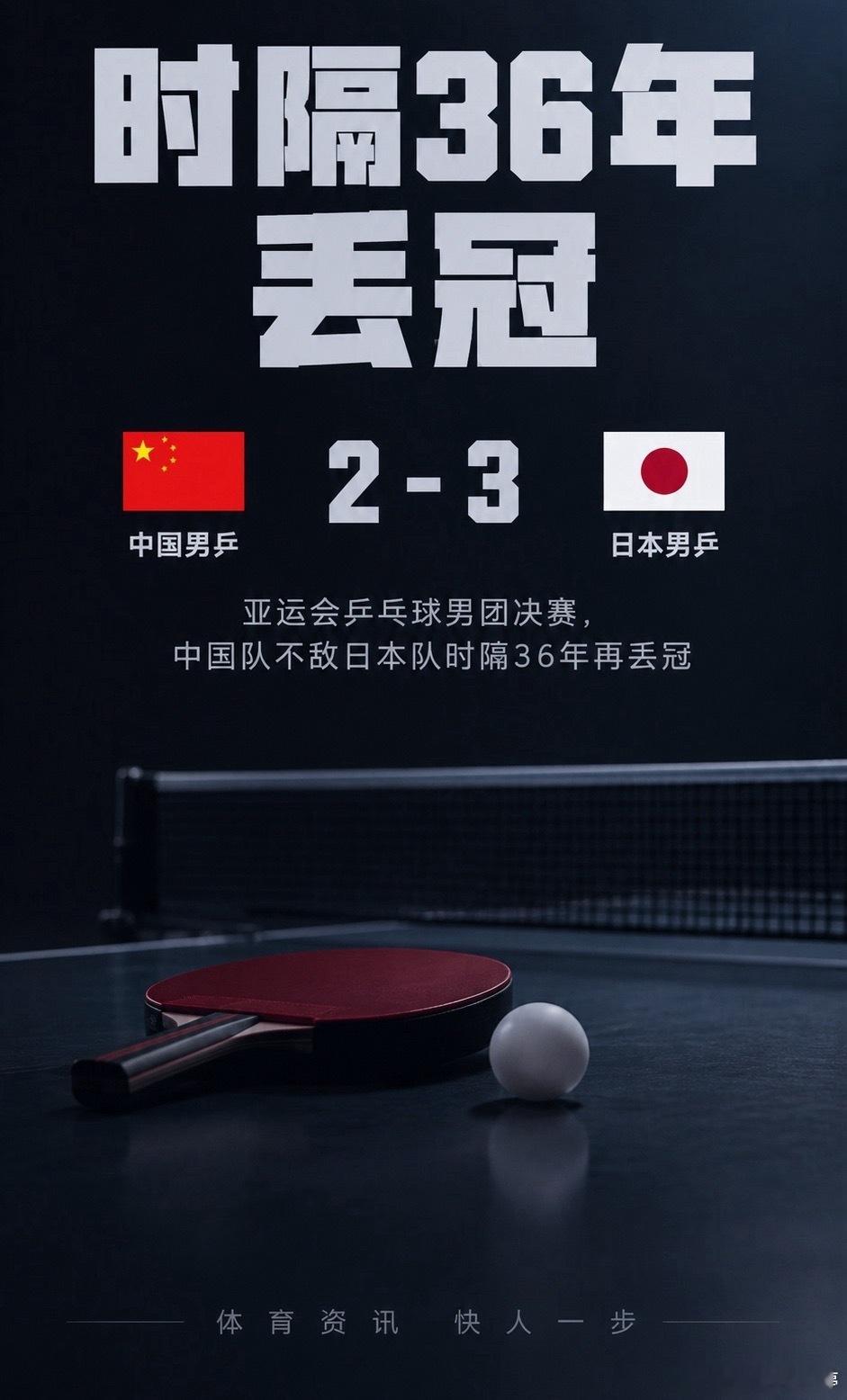 国乒男团银牌 2026亚运会乒乓球男团决赛，中国队对阵日本队，最终大比分2‑3落