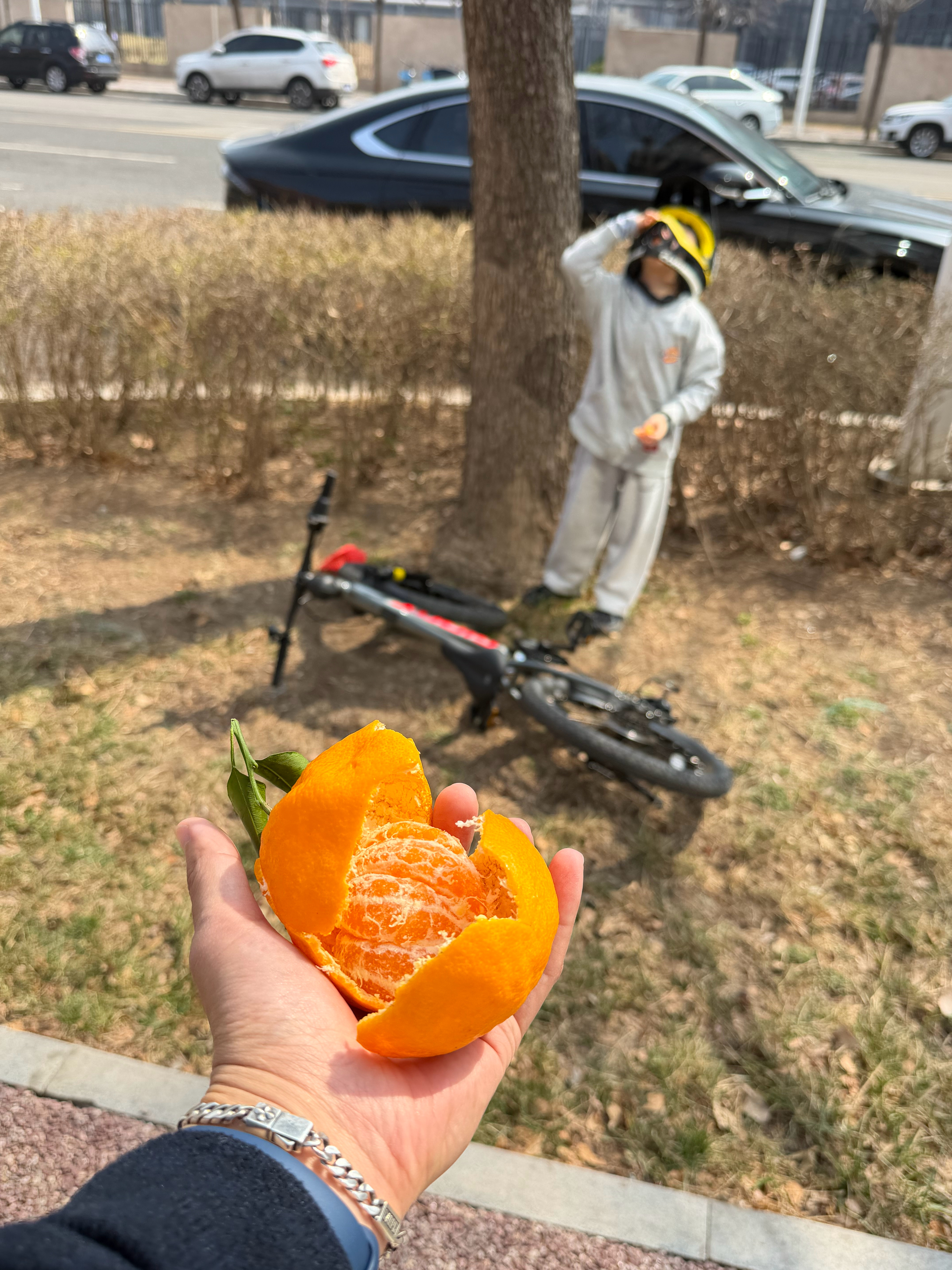失而复得的感觉真好。今天接着陪儿子蹬自行车，出发前拿了一个橘子，我放在了共享单车