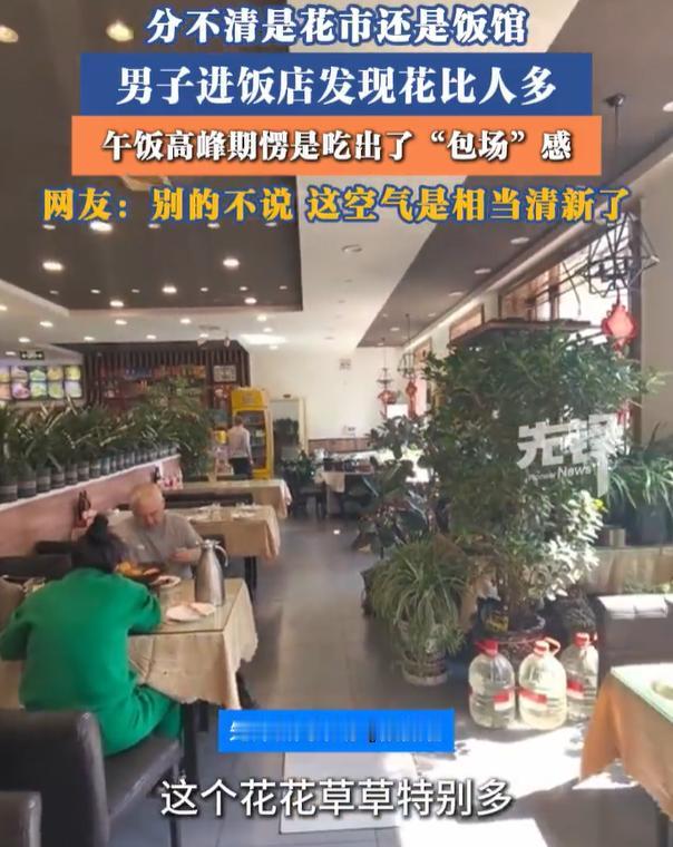 【男子走进饭店发现花比人多】男子午饭高峰被花花草草包围了 近日，黑龙江哈尔滨。男