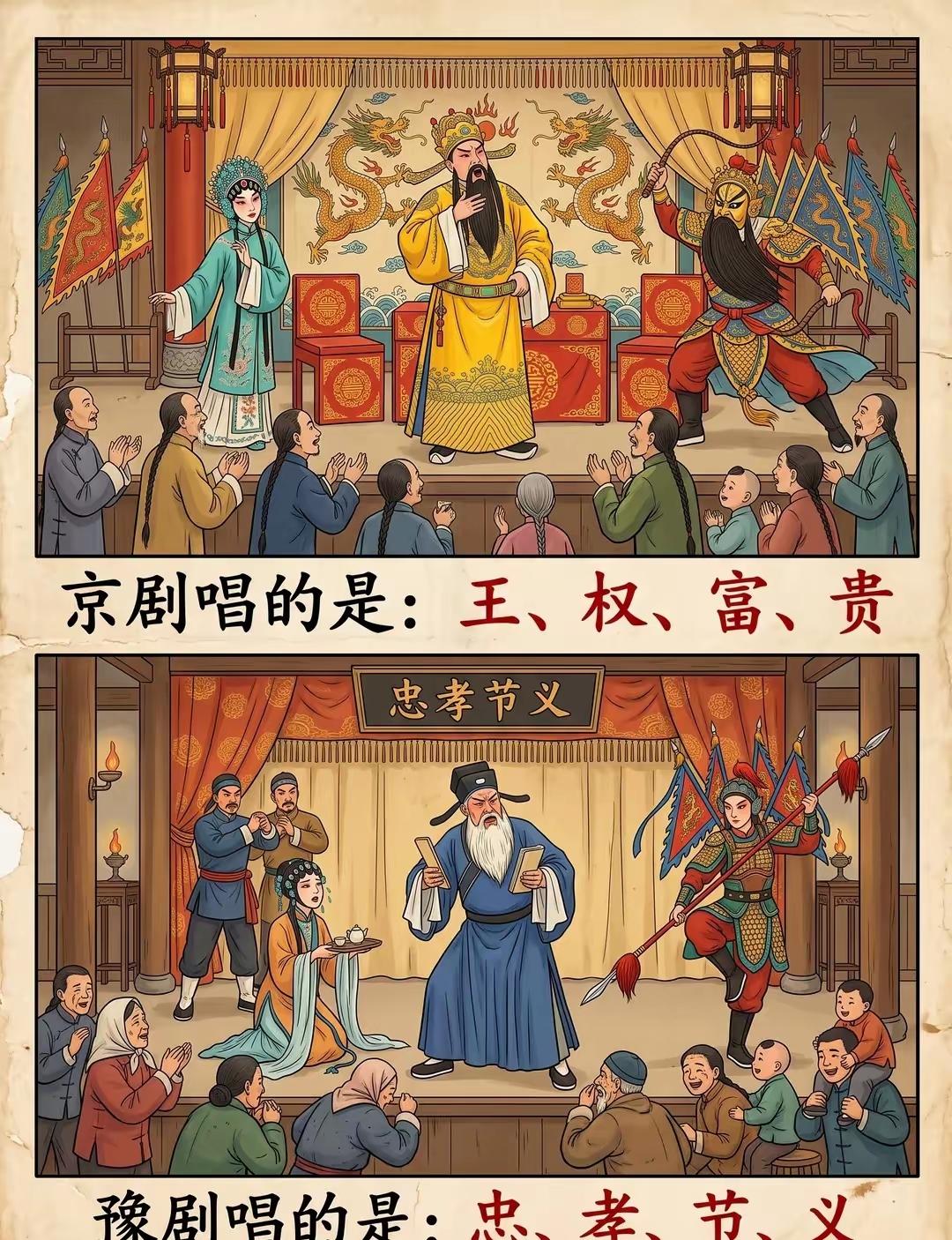 这些戏曲你都听过吗？
京剧唱的是：王、权、富、贵
豫剧唱的是：忠、孝、节、义
秦