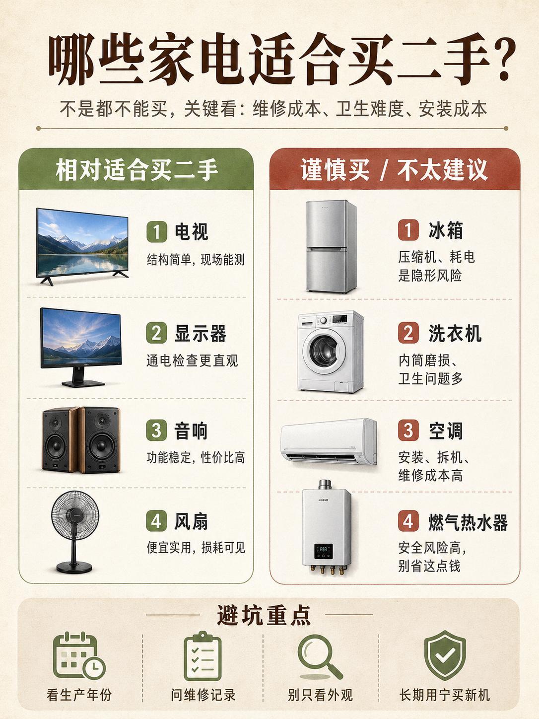 哪些家电适合买二手 二手家电不是都不能买，关键看坏了贵不贵、卫生好不好处理。电视