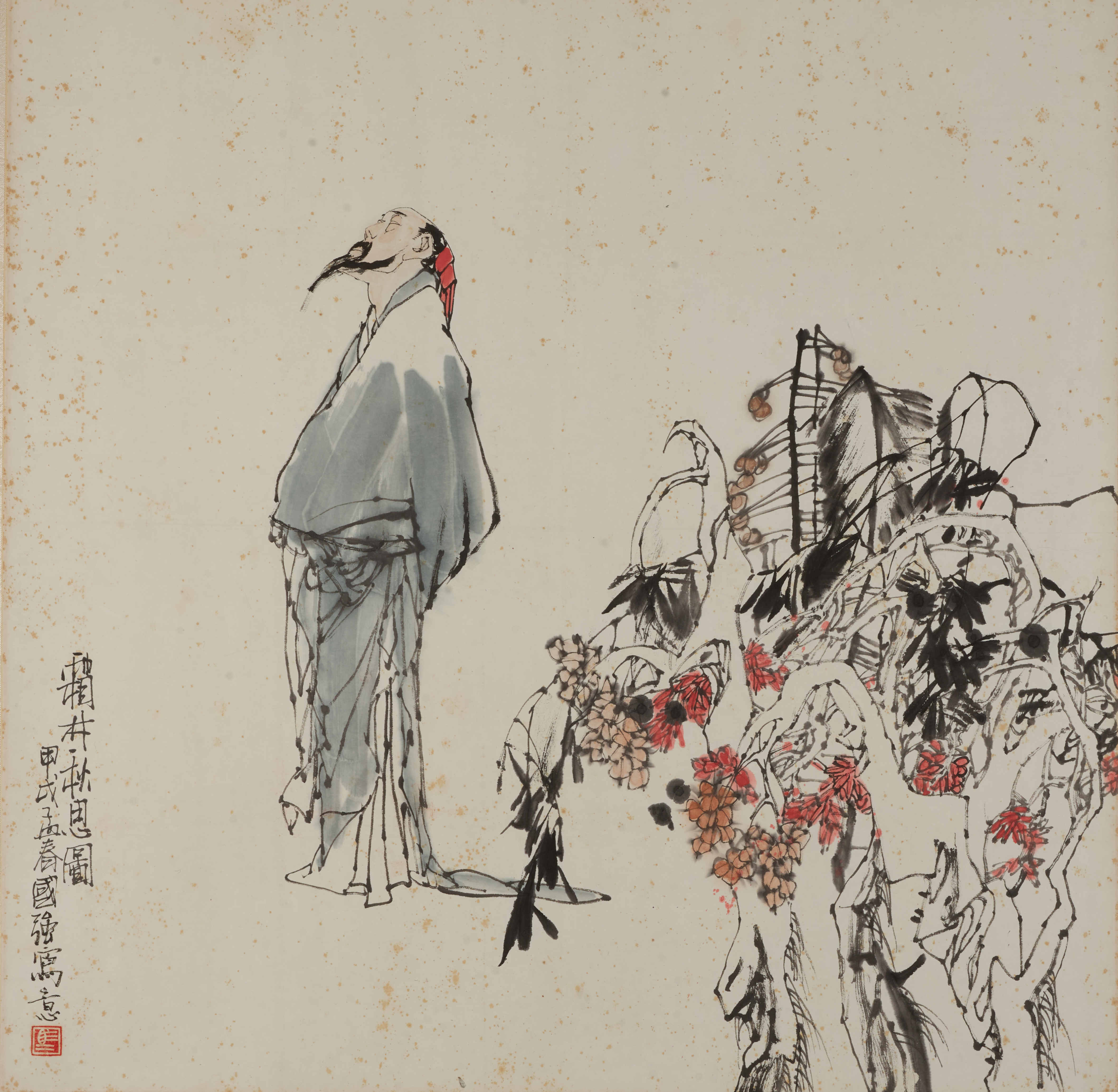 【秋日哲思】“霜井秋思”，四字如禅语。高士立于秋景前，非为赏花，实为观心。枯藤、