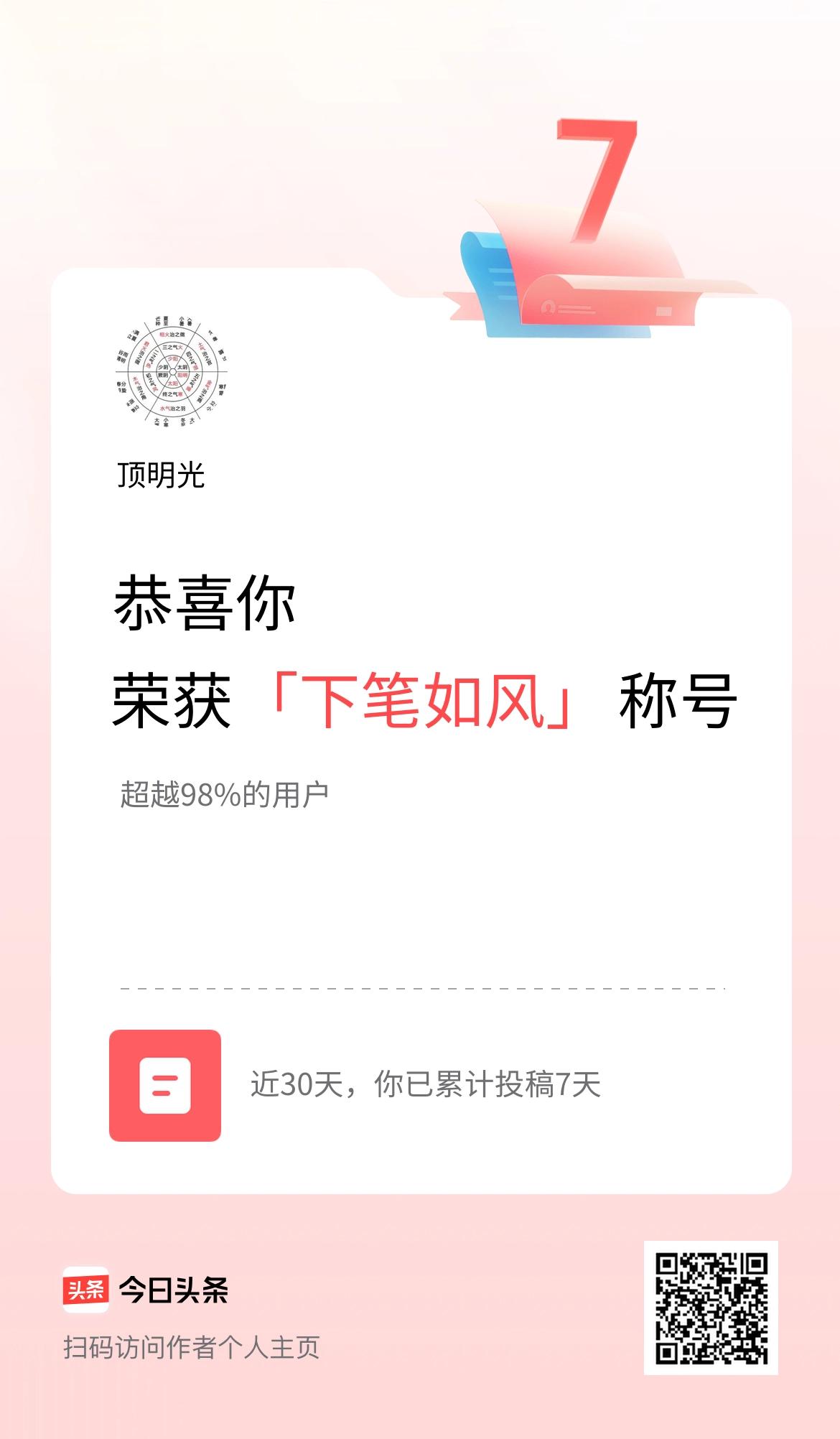 我在头条30天内投稿打卡7天，获得“下笔如风”称号