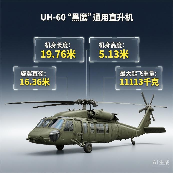 军事ai新视野 美国UH-60“黑鹰”直升机机身长度：19.76米机身高度：5.