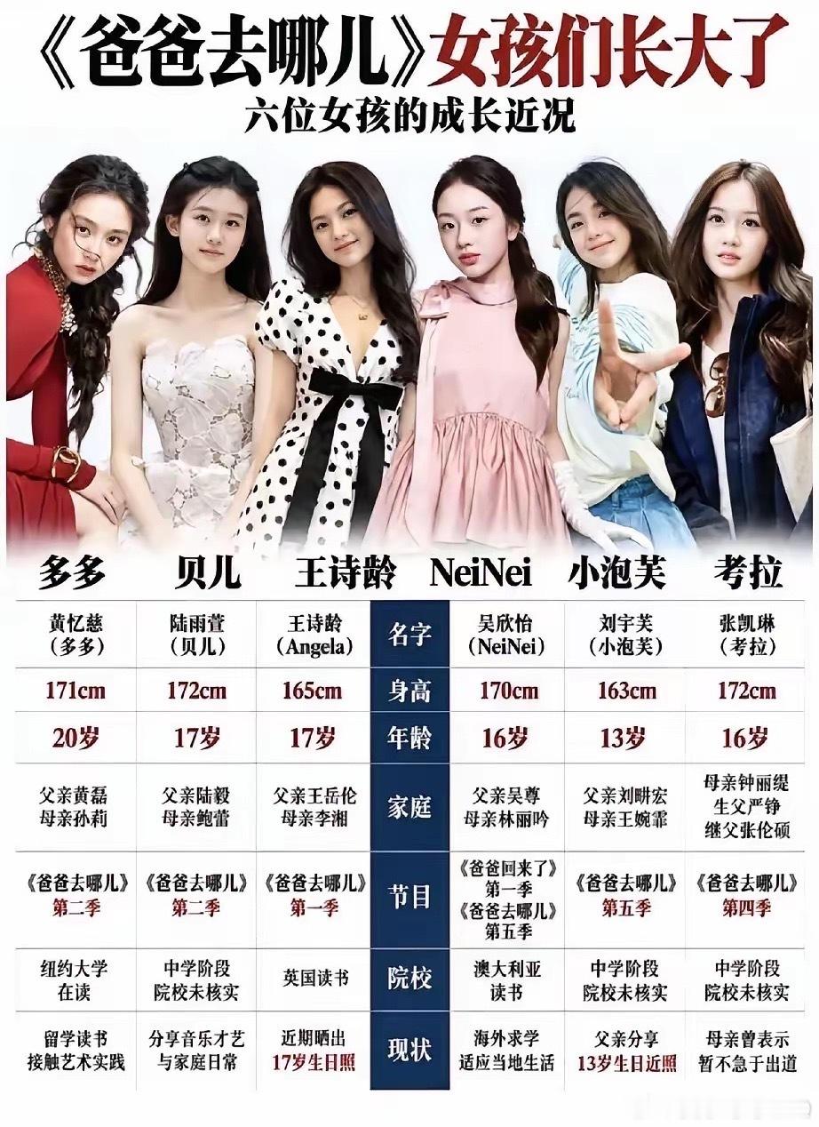 当年《爸爸去哪儿》里的六个小丫头，如今全都出落成大姑娘，各自走上了截然不同的人生