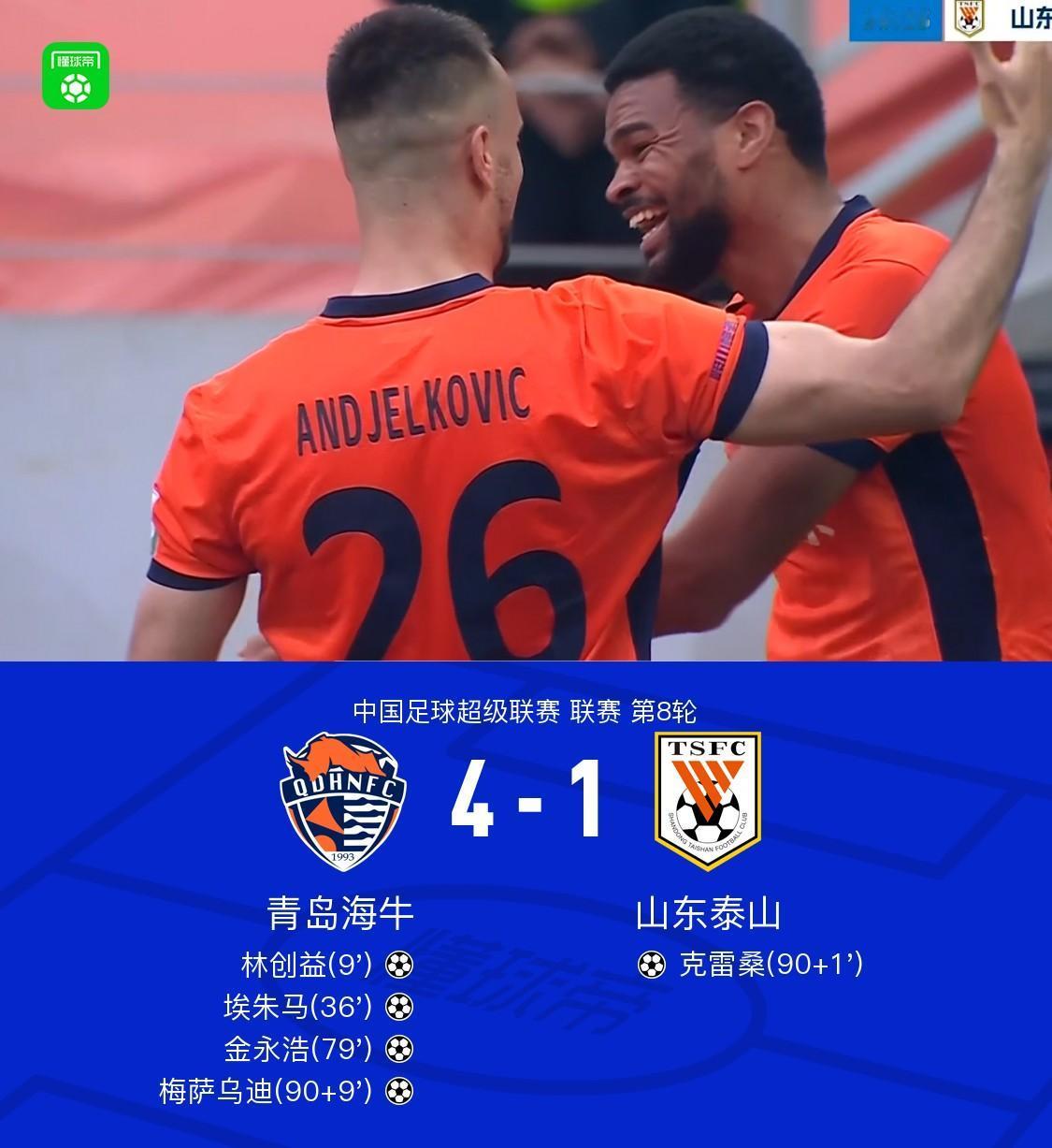 青岛海牛4-1山东泰山，看完比赛有三点切身感受。
1.赛前知道泰山队赢不了，没想