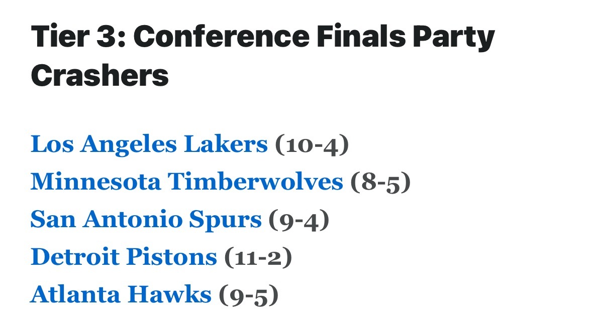 ESPN为联盟各队目前实力分档：第一档，雷霆第二档，掘金，火箭，尼克斯，骑士第三