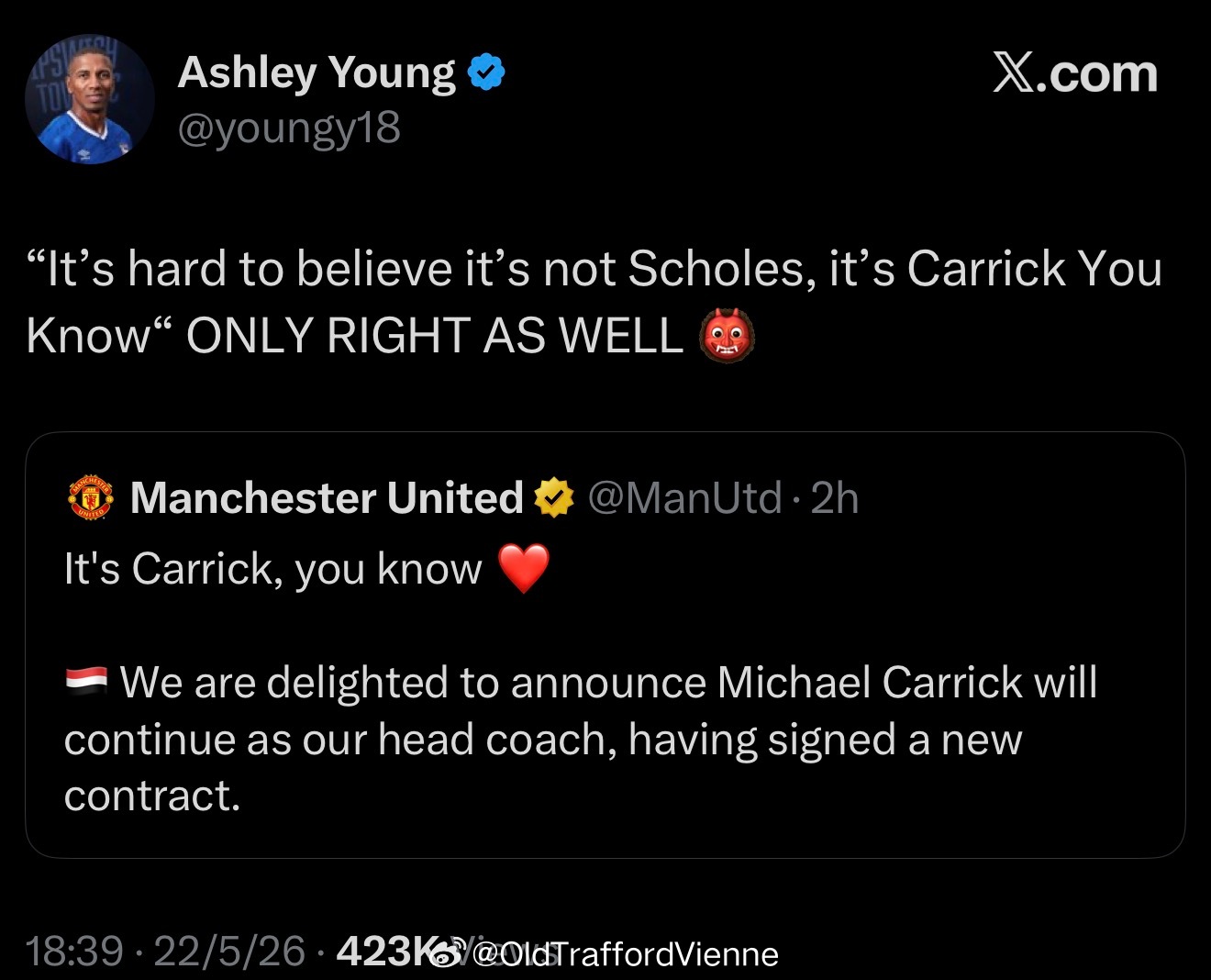 曼联官宣卡里克继续担任俱乐部主帅的官宣词是：It’s Carrick, you 