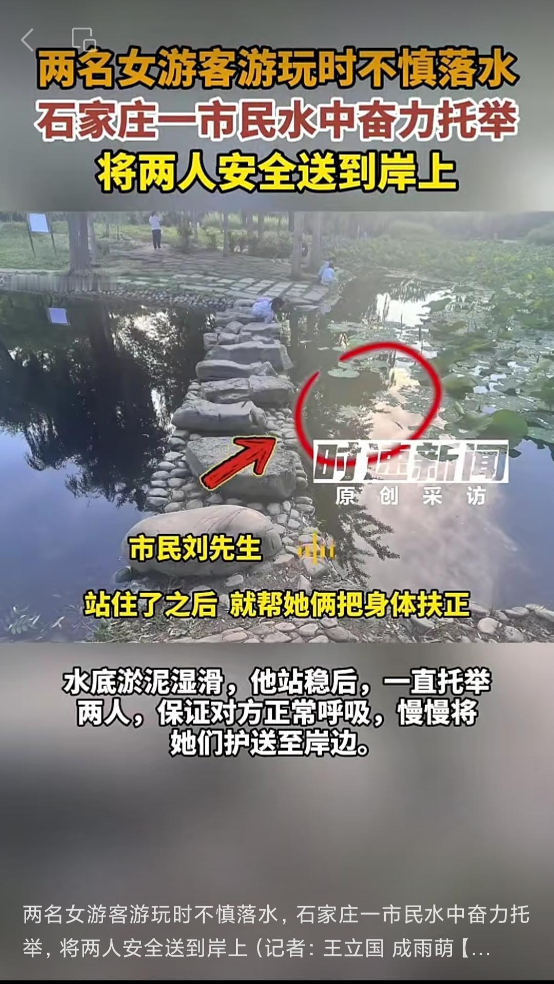 【石家庄一对母女公园赏荷双双落水，带娃大汉救起两人：我1米8，能踩到水底，危难之