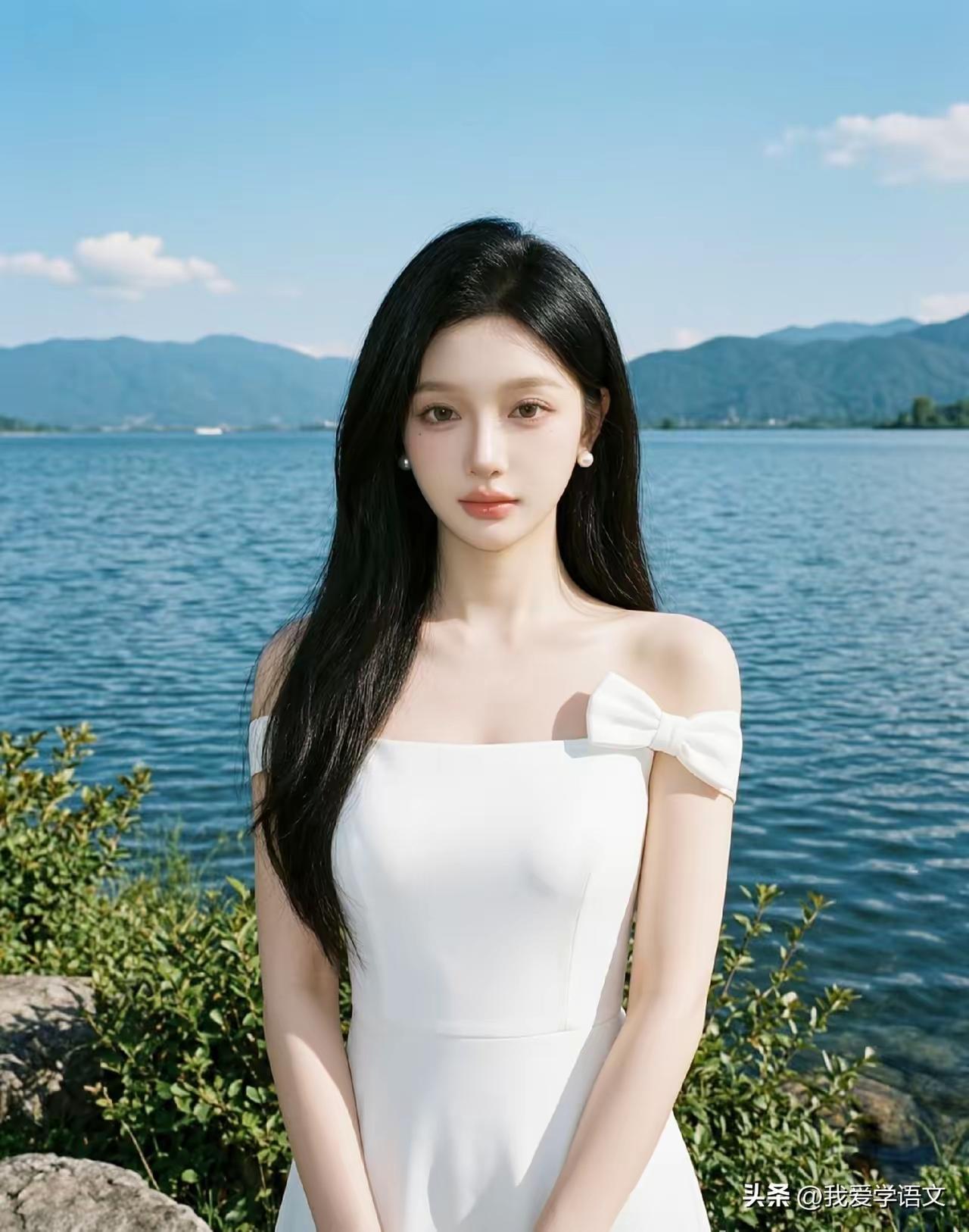 一个漂亮女孩站在湖边，风景很美。