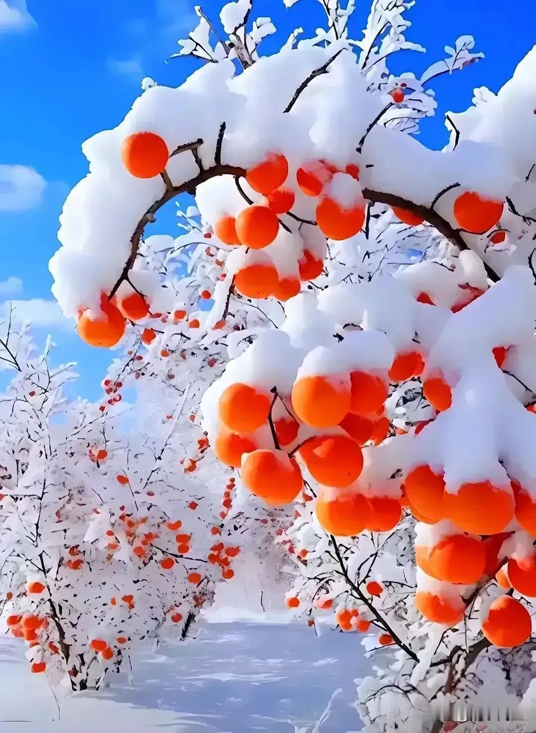 白雪红柿
寒云蔽日雪纷扬，
素絮飘飞覆野荒。
几点丹珠枝上隐，
冰肌玉骨透莹光。