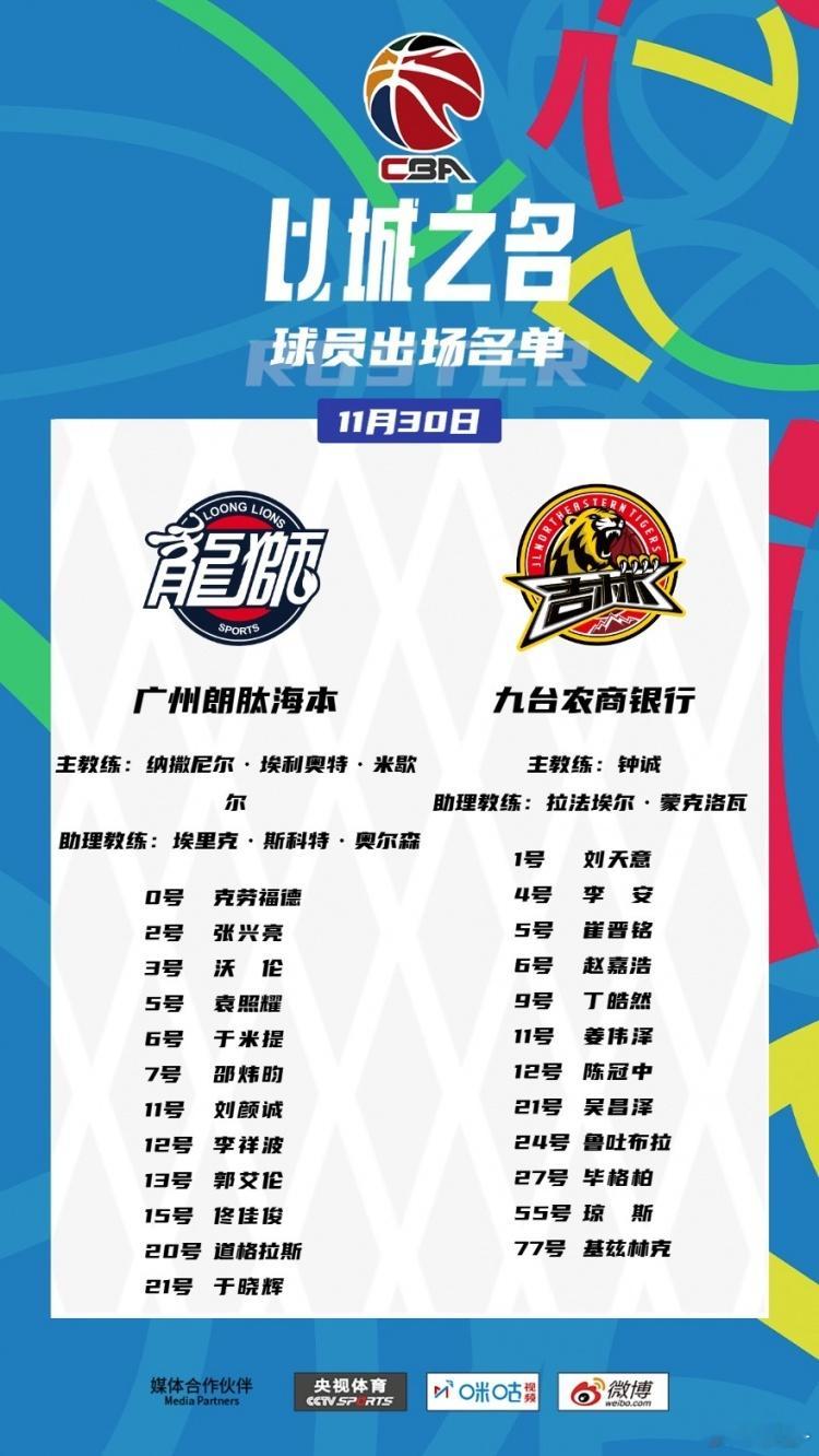 今天CBA两场比赛， 龙狮男篮vs吉林男篮 ， 山东男篮vs福建男篮  郭艾伦进