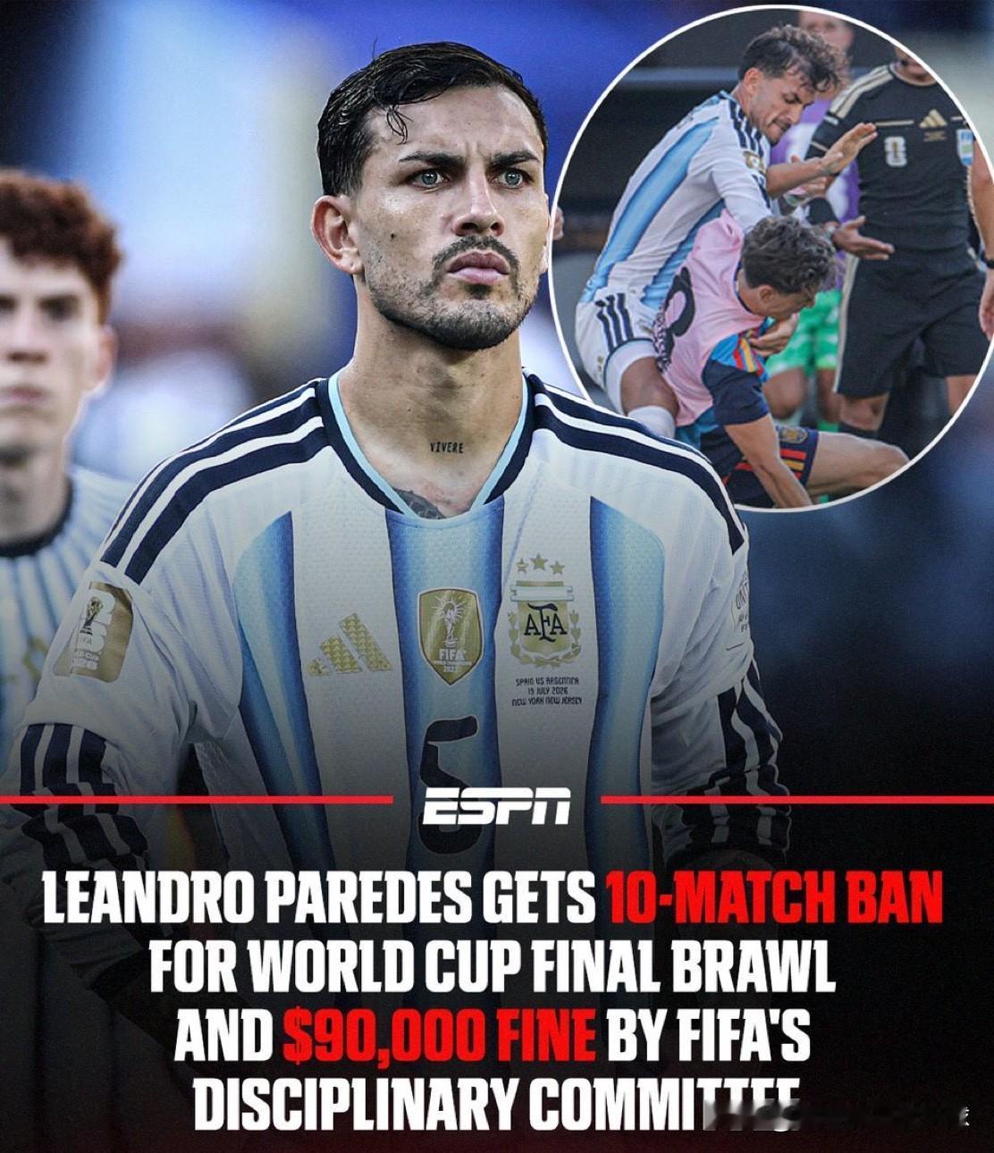 😱 FIFA重罚世界杯决赛斗殴！帕雷德斯禁10场+罚9万，阿根廷足协也被罚
