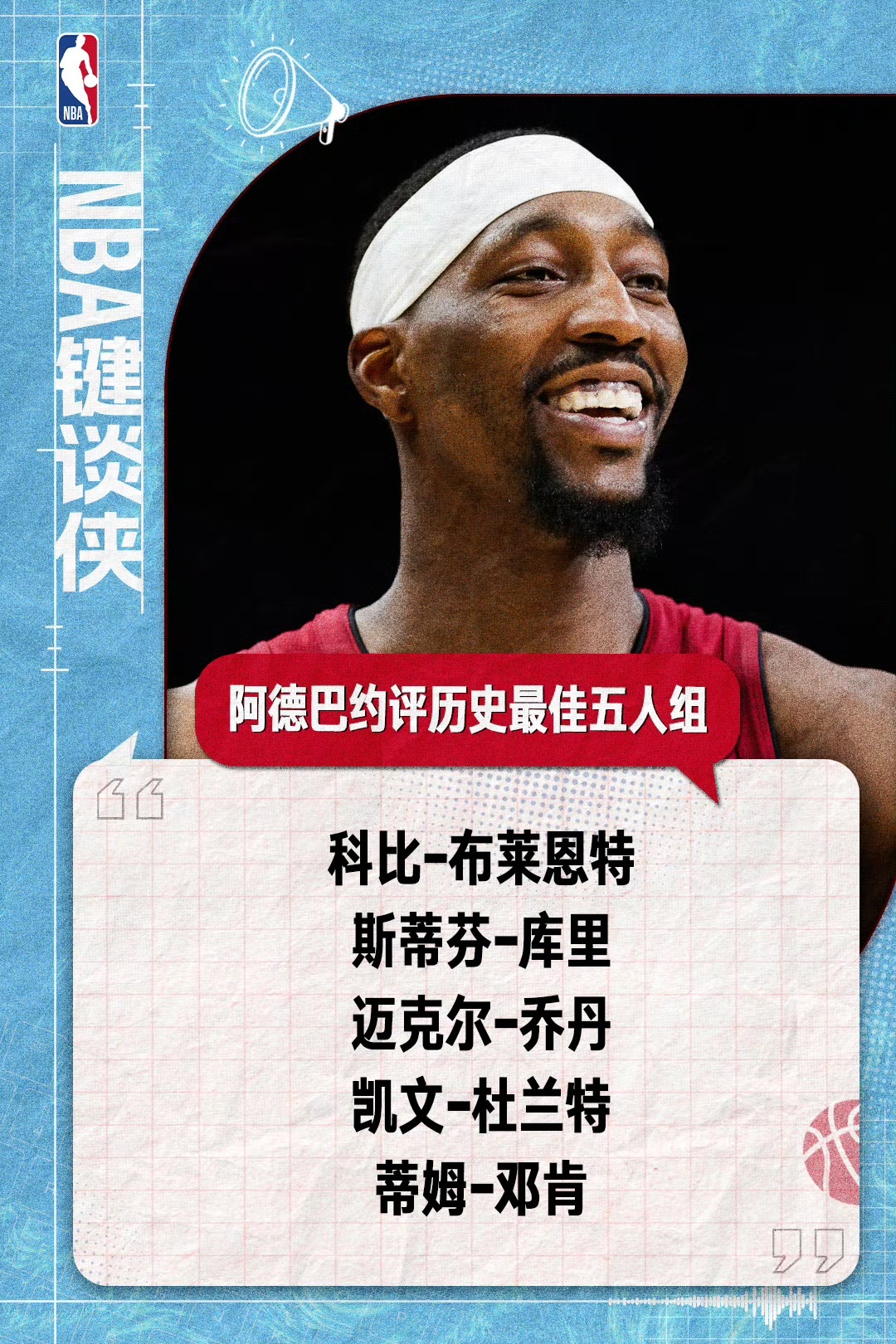 热火核心阿德巴约在青少年公益活动中，公开列出自己心目中历史前五球员，名单依次为科