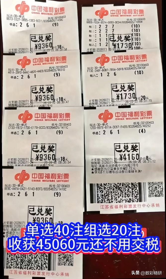 26071期3D开奖号码为“261”。江苏一位幸运彩民揽获40注单选及20注组选