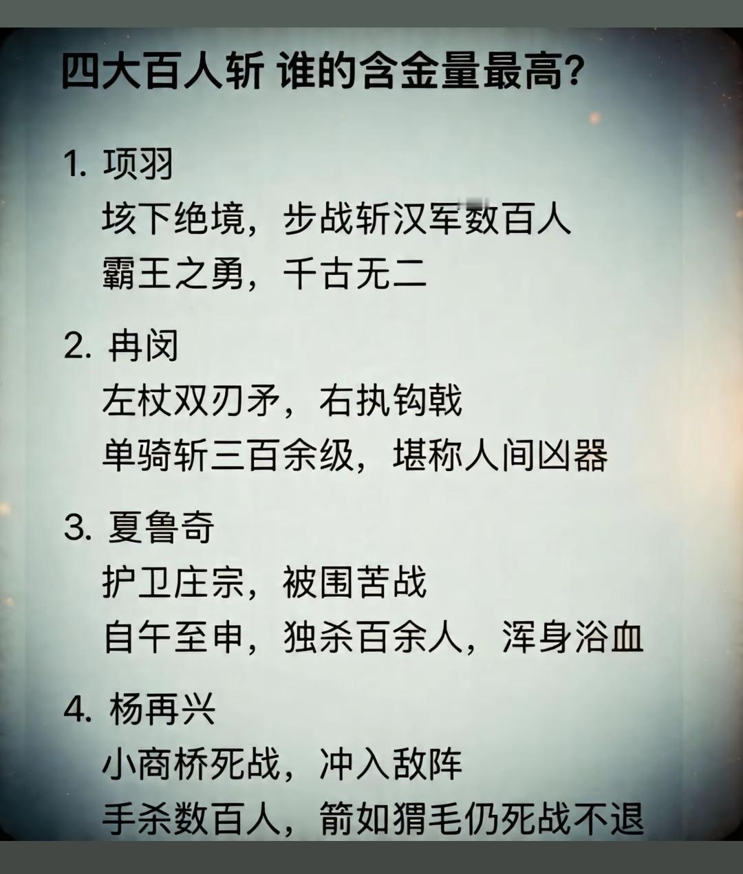 单论数据，武悼天王冉闵比霸王还厉害！[大笑]
  冉闵，《晋书》载单骑阵斩三百余