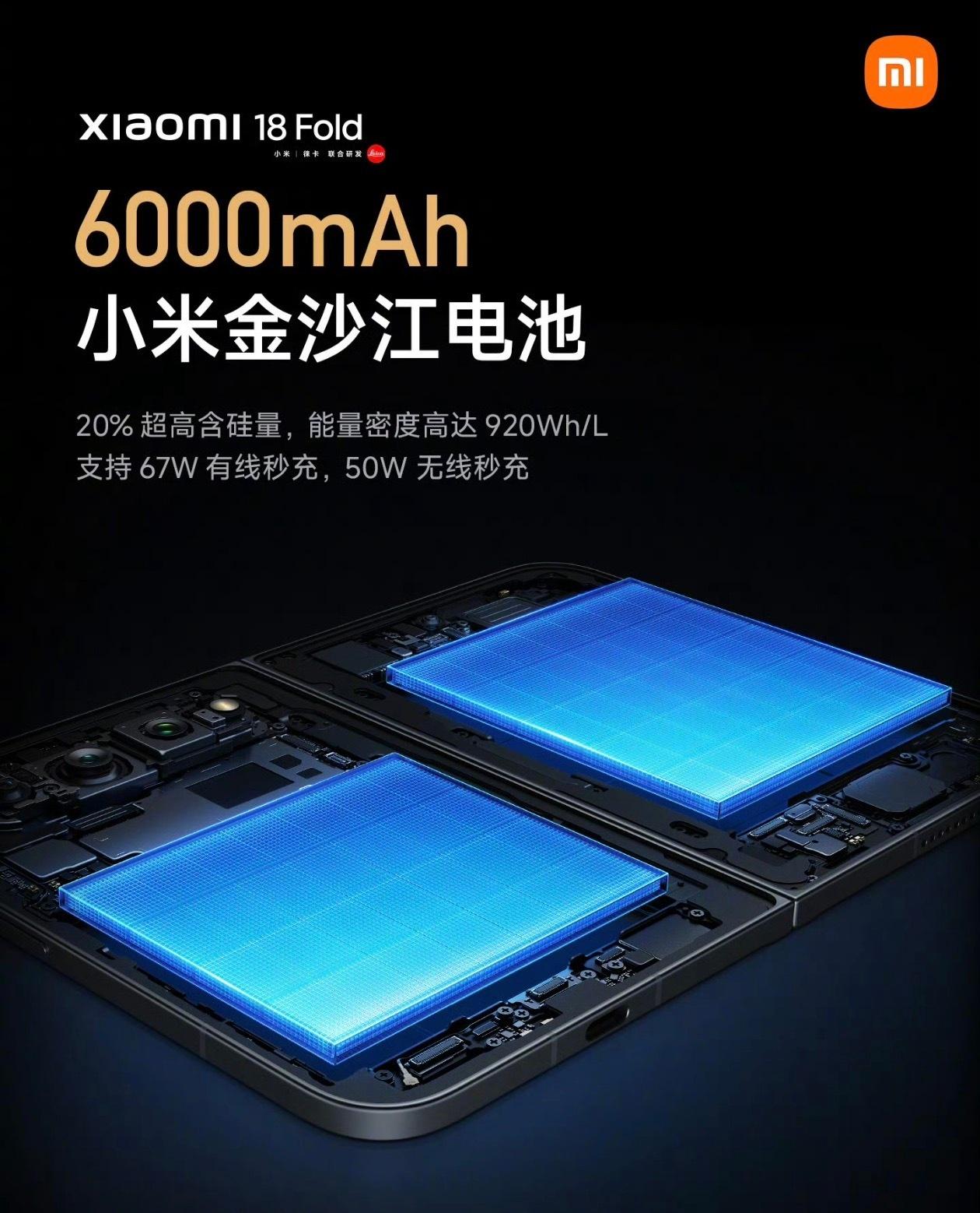 中折叠小米18 Fold电池容量是6000毫安，支持67W有线秒充和50W无线秒