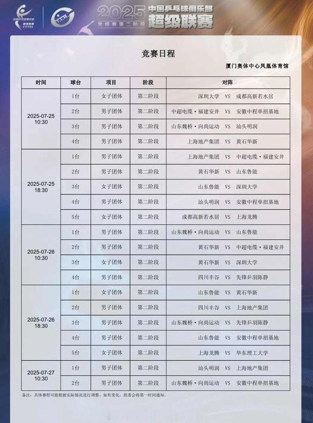 📢厦门乒超联赛赛程📍【2025赛季中国乒乓球俱乐部超级联赛常规赛】第二阶段⏰