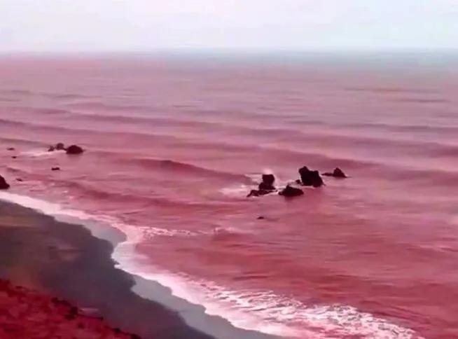 哇塞，伊朗霍尔木兹岛海域出现“血海”奇观啦！据多家外媒报道，是强降雨把富含矿物质