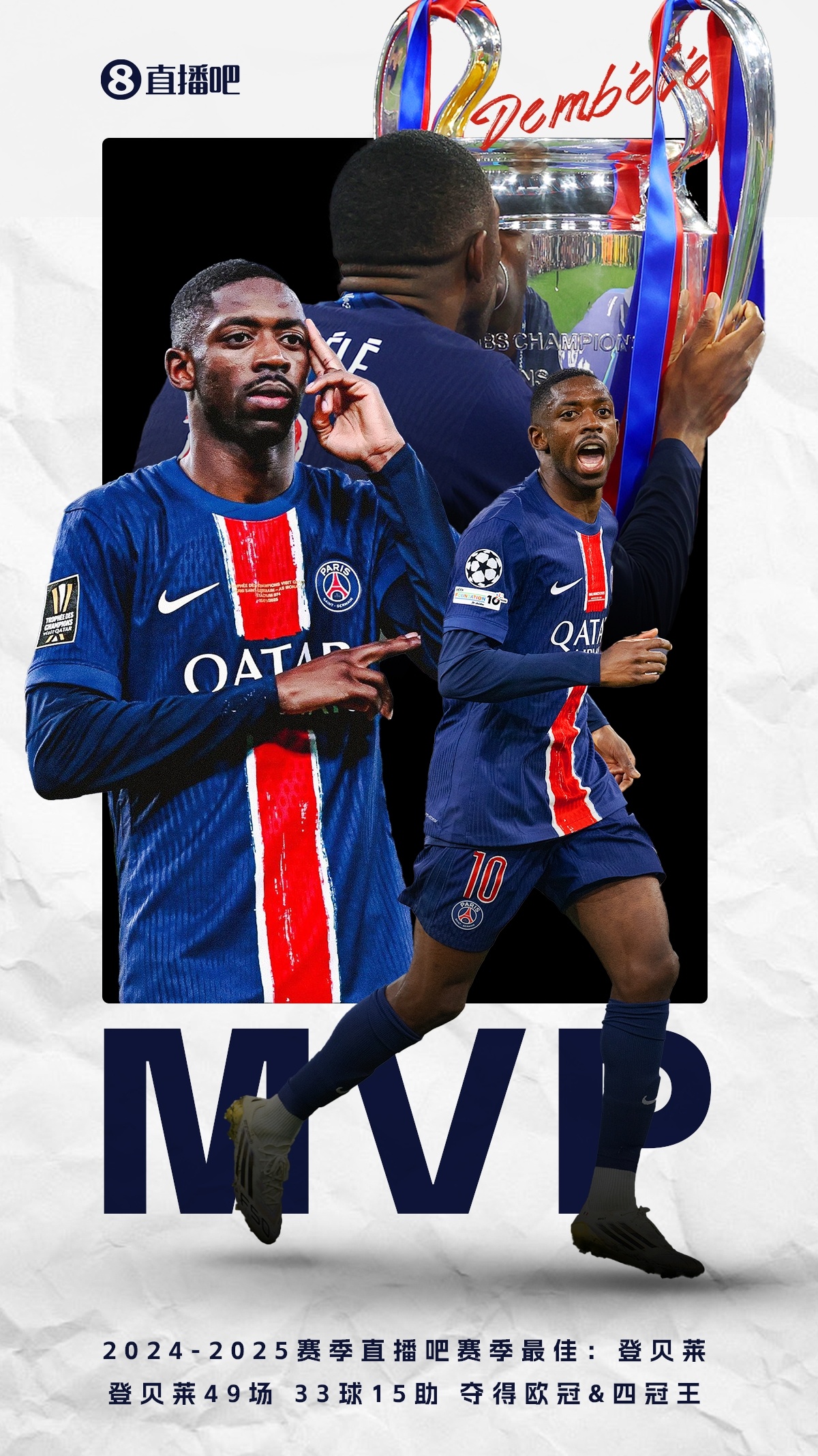 直播吧2024/25五大联赛MVP：登贝莱！49场33球15助&四冠王2024-