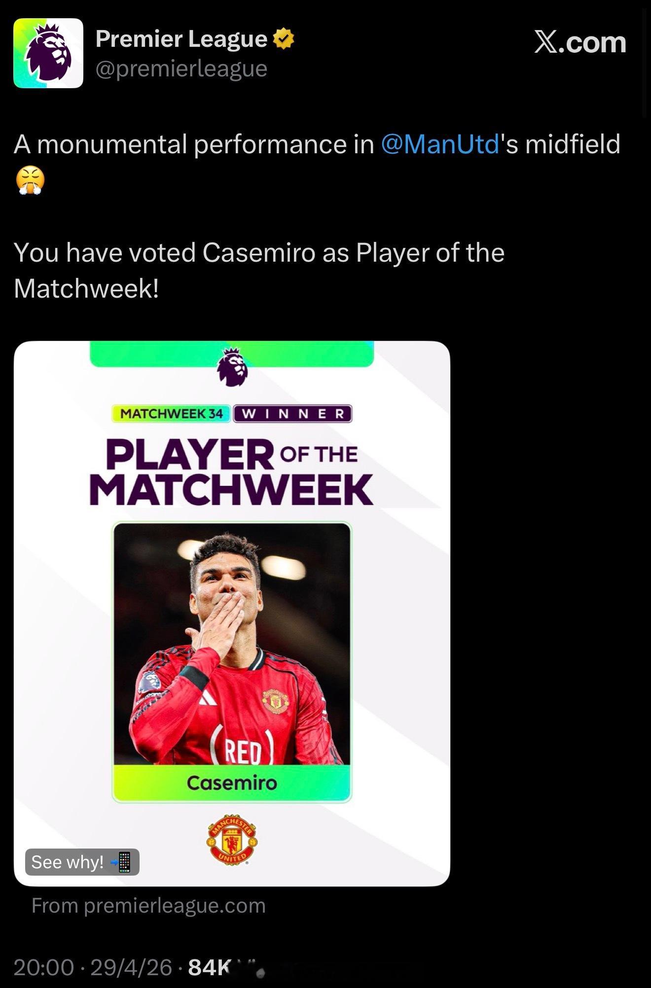 英超第34轮官方最佳球员：卡塞米罗！ 