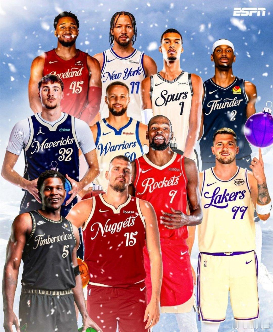 今年参加圣诞大战的10支球队，雷霆、森林狼和掘金来自西北赛区，马刺、独行侠和火箭